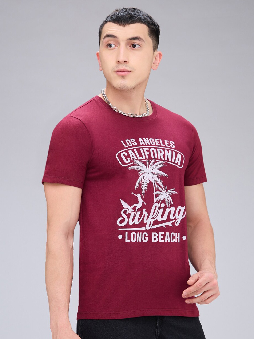 

NOIRA Typography Printed Round Neck Cotton T-shirt, Maroon