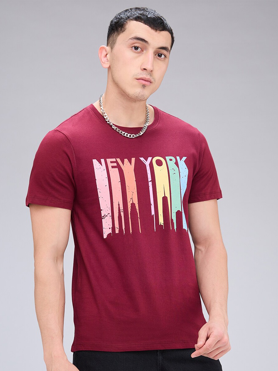 

NOIRA Typography Printed Round Neck Cotton T-shirt, Maroon