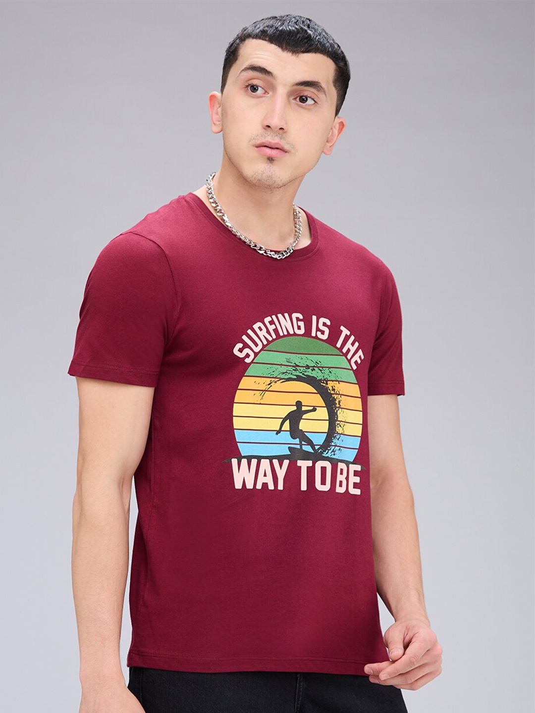 

NOIRA Typography Printed Round Neck Cotton T-shirt, Maroon