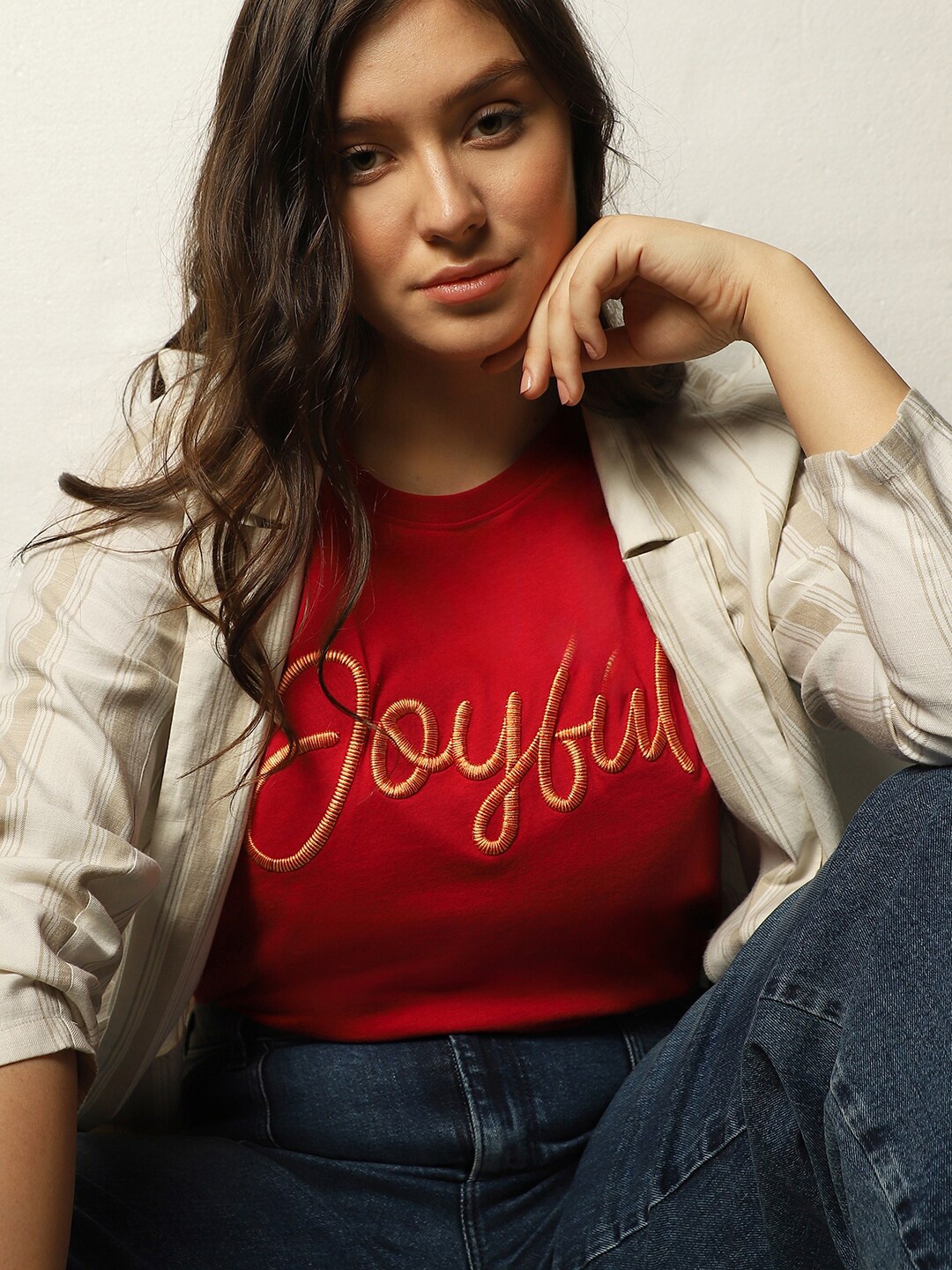 

VERO MODA CURVE Typography Round Neck Cotton T-shirt, Red