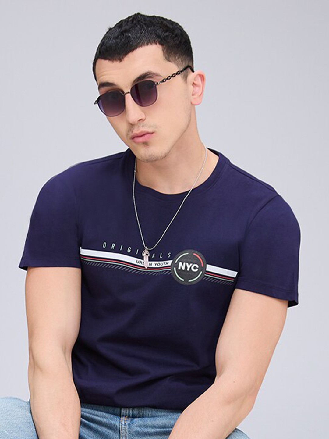 

NOIRA Typography Printed Round Neck Cotton T-shirt, Blue