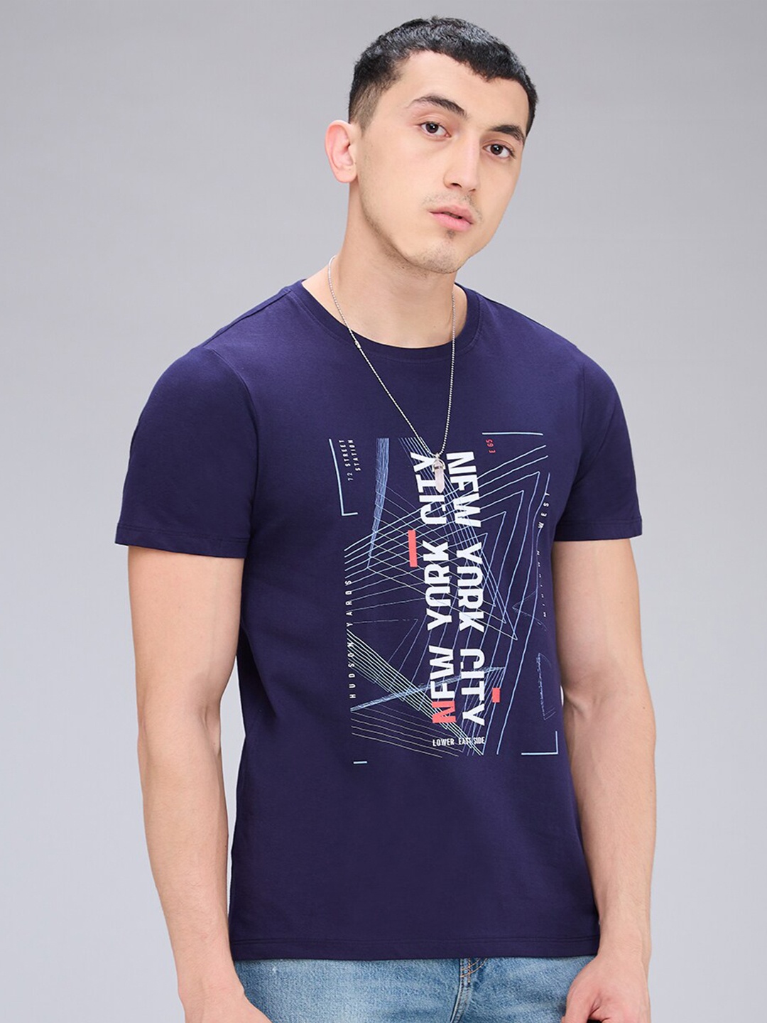 

NOIRA Typography Printed Round Neck Cotton T-shirt, Blue