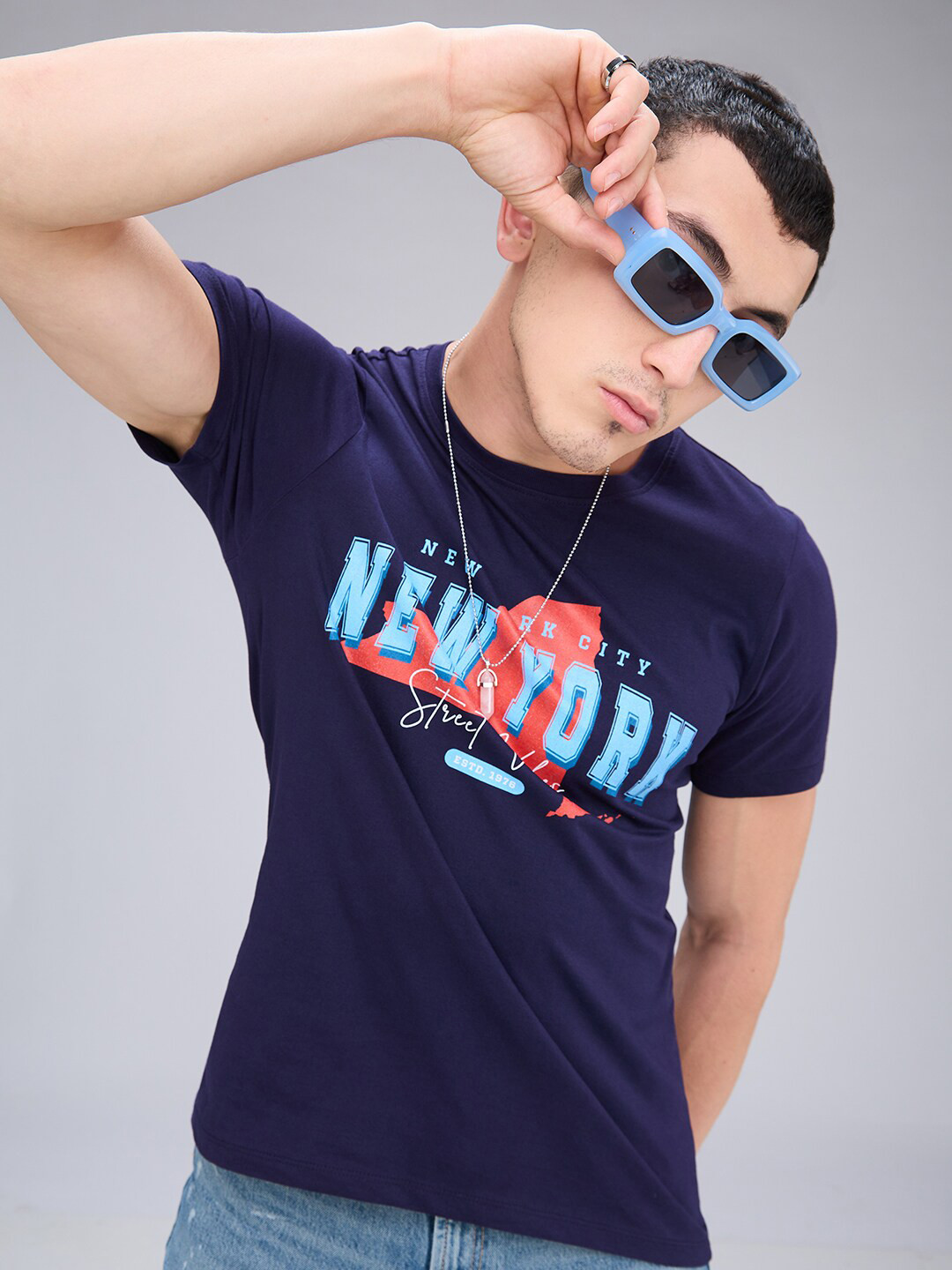 

NOIRA Typography Printed Round Neck Cotton T-shirt, Blue