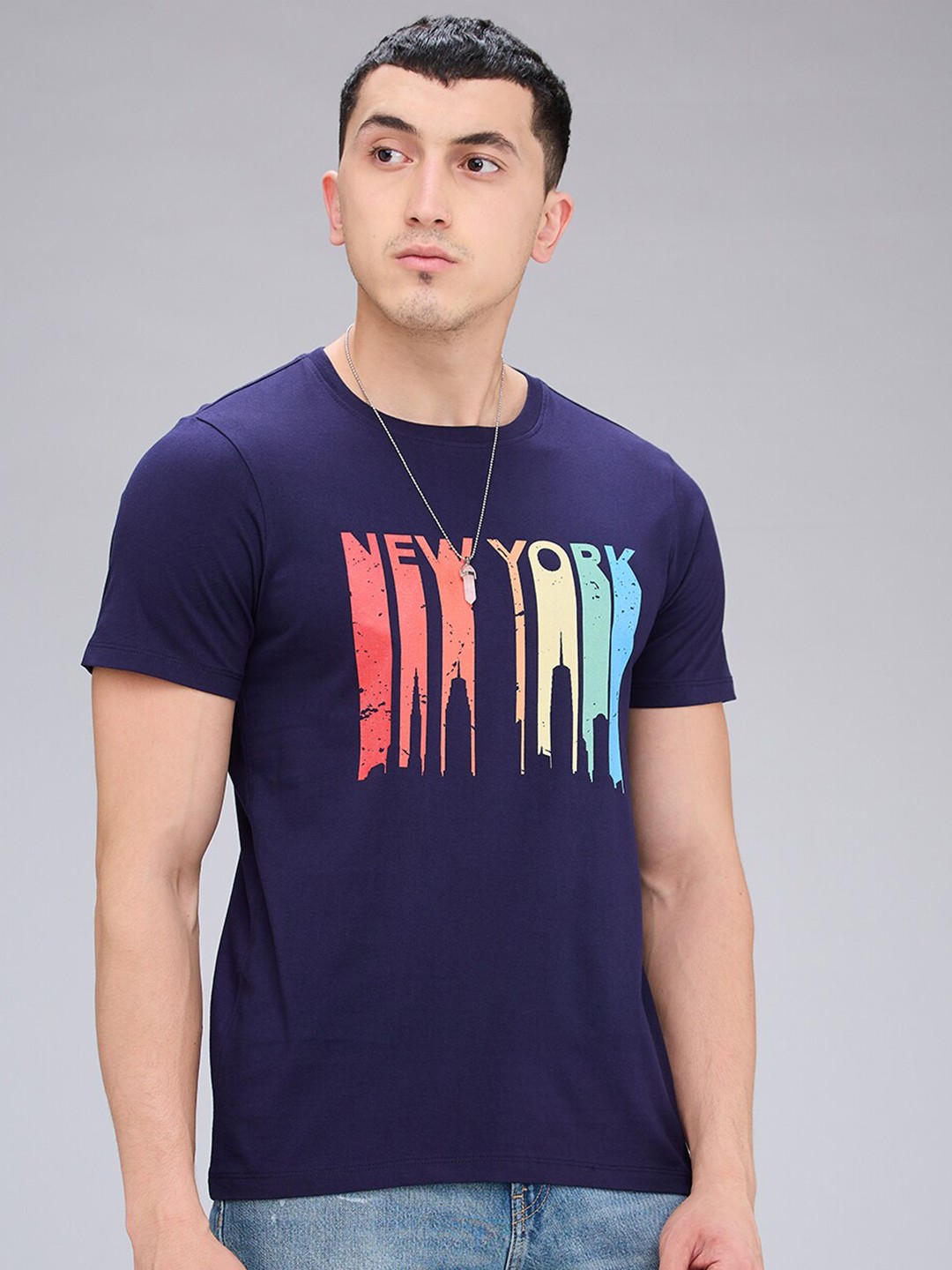 

NOIRA Typography Printed Round Neck Cotton T-shirt, Blue