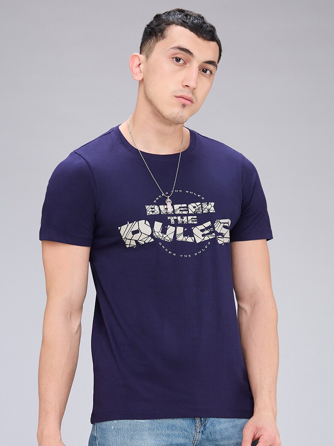 

NOIRA Typography Printed Round Neck Cotton T-shirt, Blue