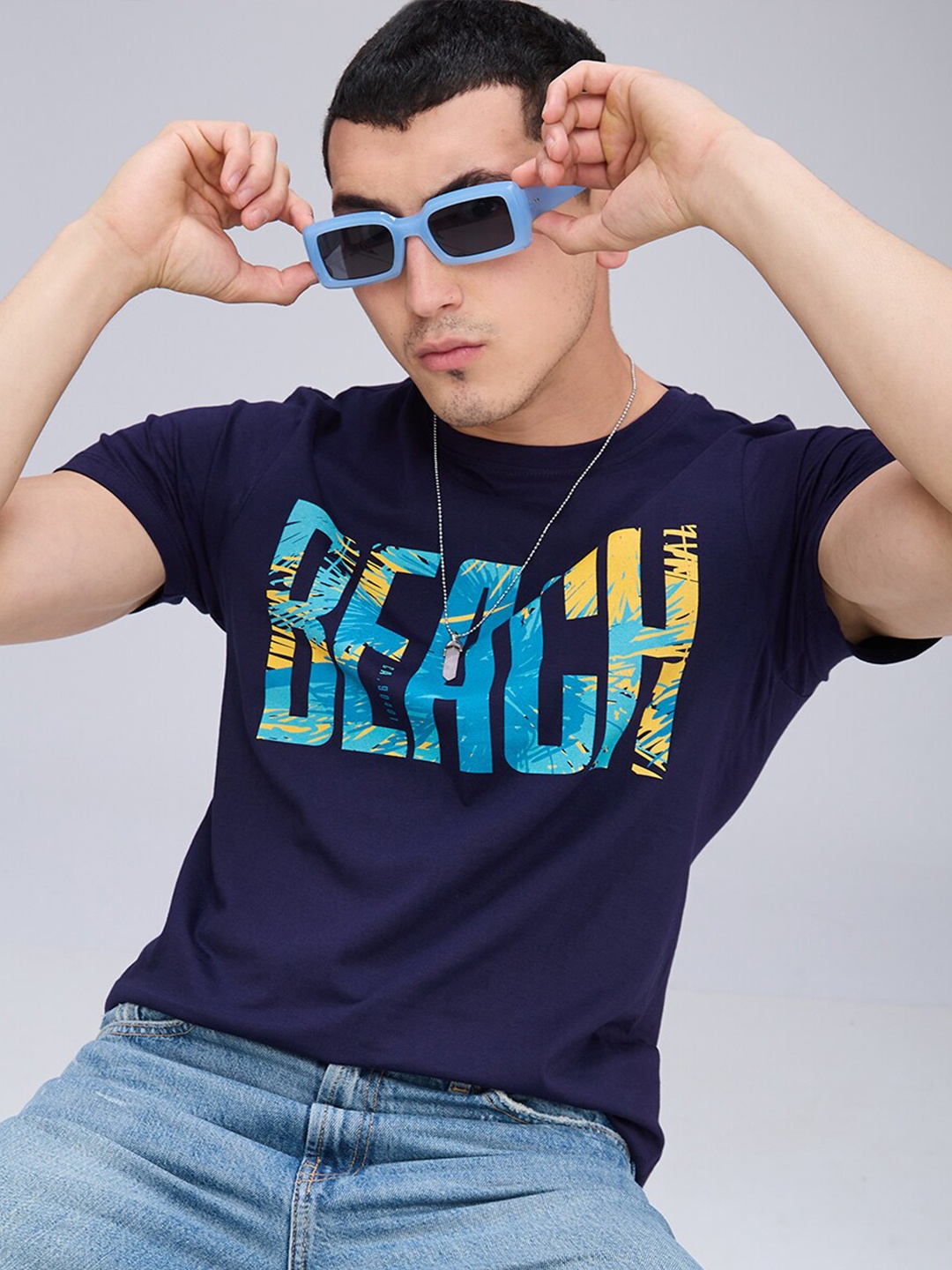 

NOIRA Typography Printed Round Neck Cotton T-shirt, Blue