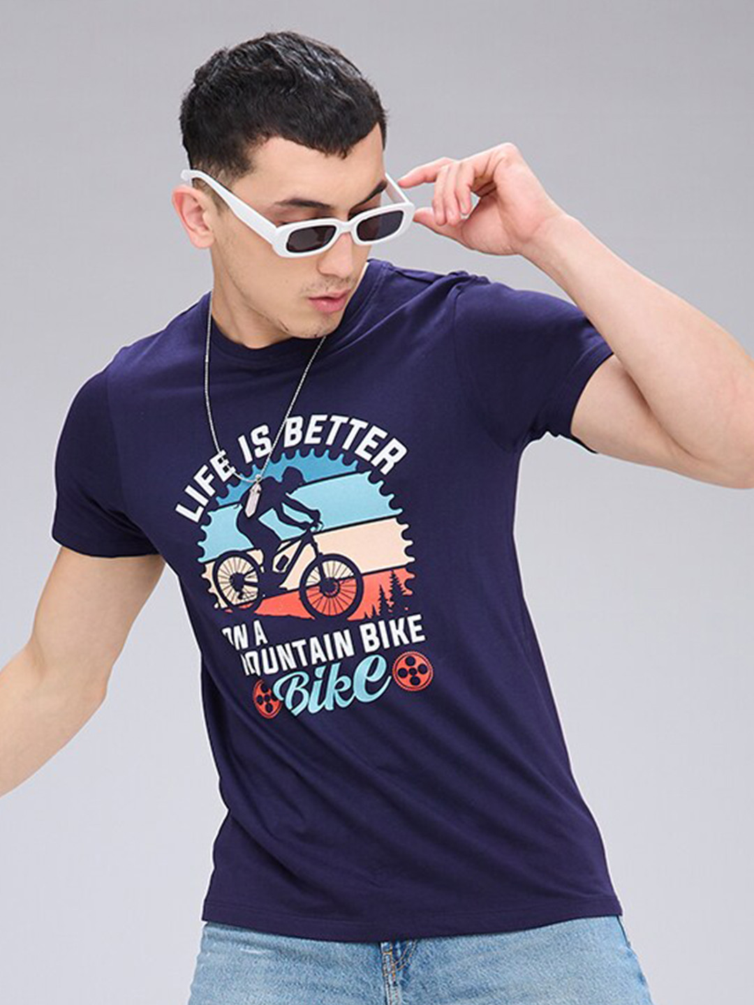 

NOIRA Graphic Print Round Neck Cotton T-shirt, Blue