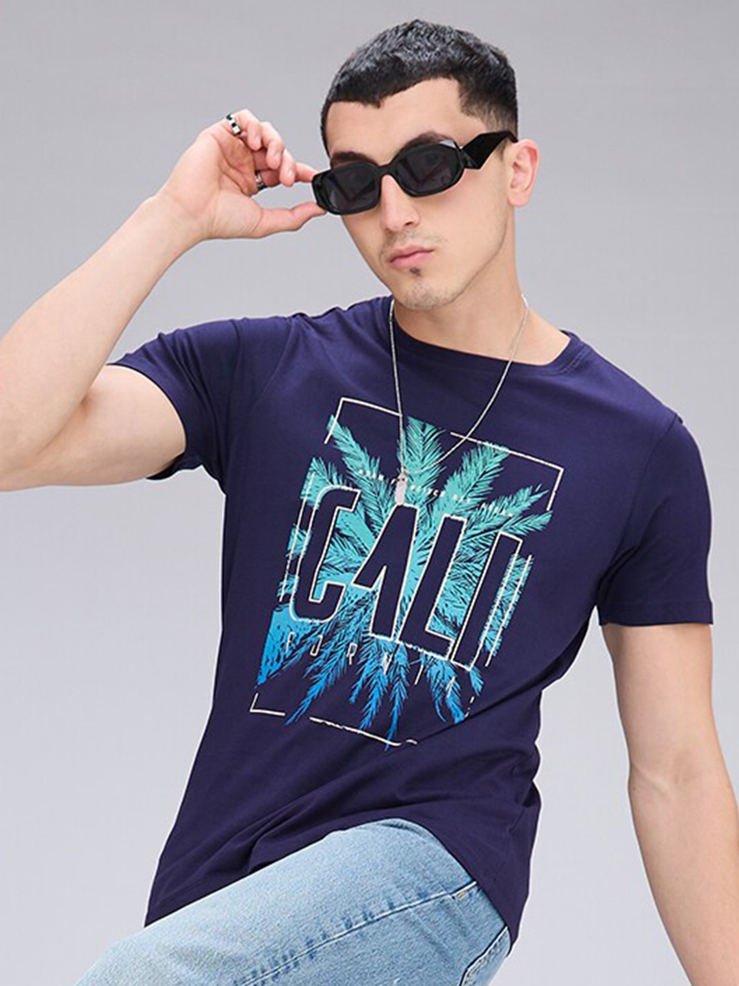 

NOIRA Typography Printed Round Neck Cotton T-shirt, Blue