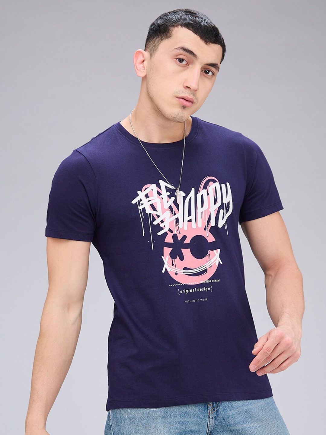 

NOIRA Graphic Print Round Neck Cotton T-shirt, Navy blue