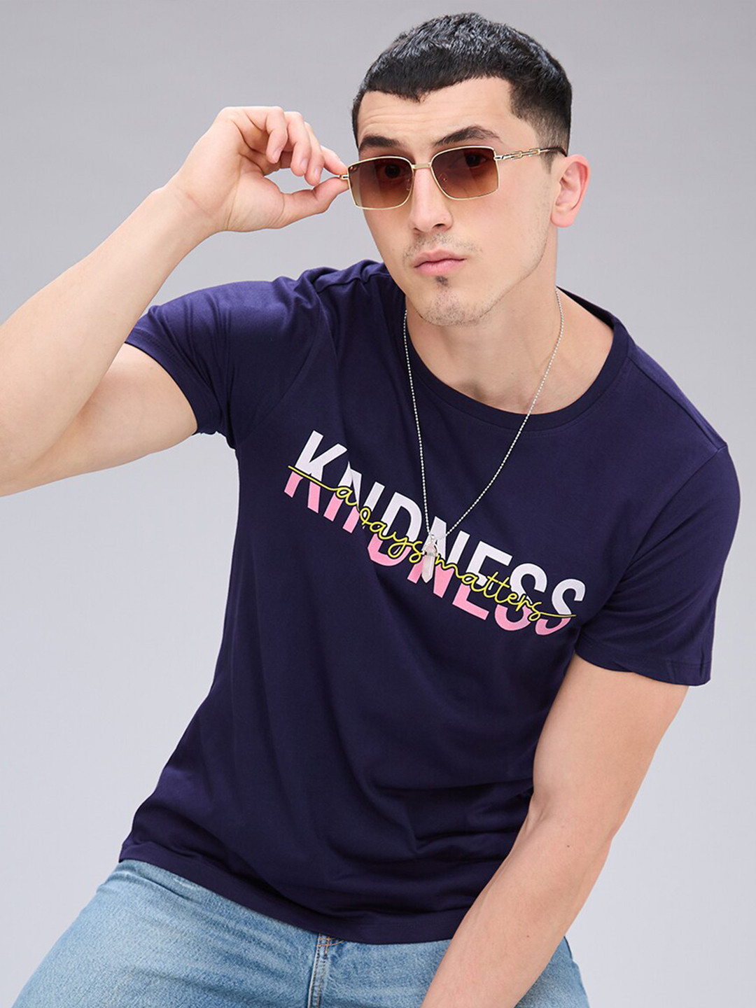 

NOIRA Typography Printed Round Neck Cotton T-shirt, Blue