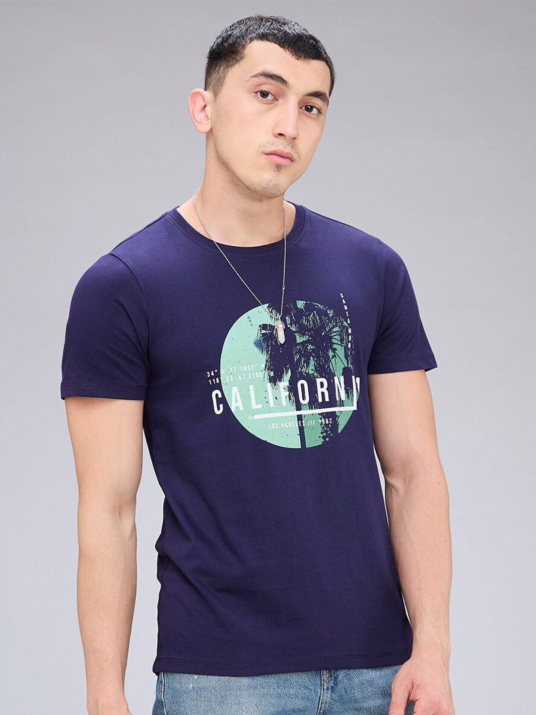 

NOIRA Typography Printed Round Neck Cotton T-shirt, Blue