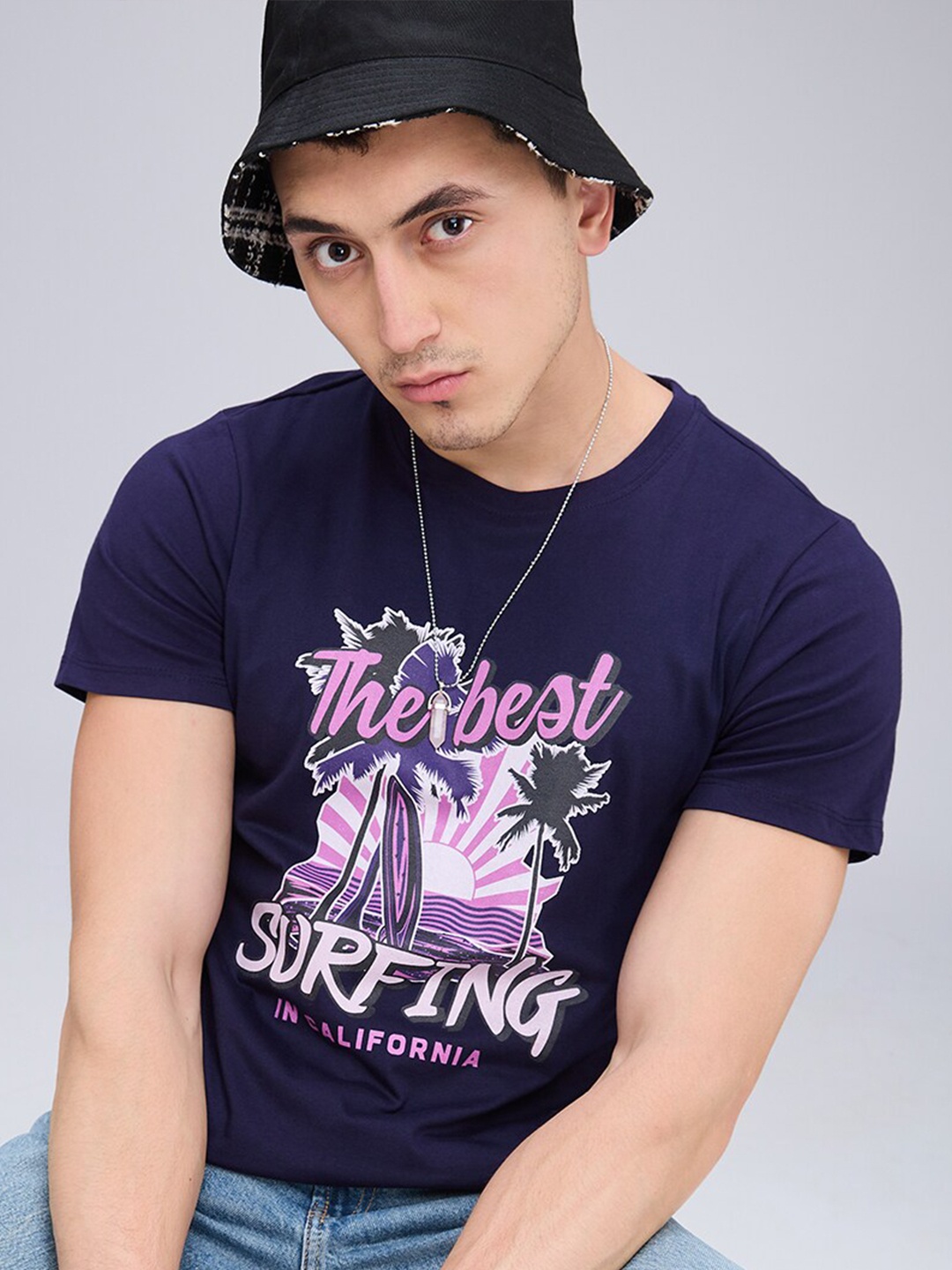 

NOIRA Typography Printed Round Neck Cotton T-shirt, Blue