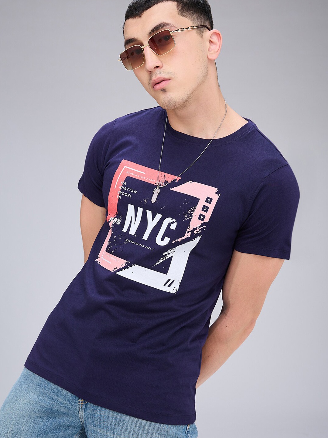 

NOIRA Typography Printed Round Neck Cotton T-shirt, Charcoal