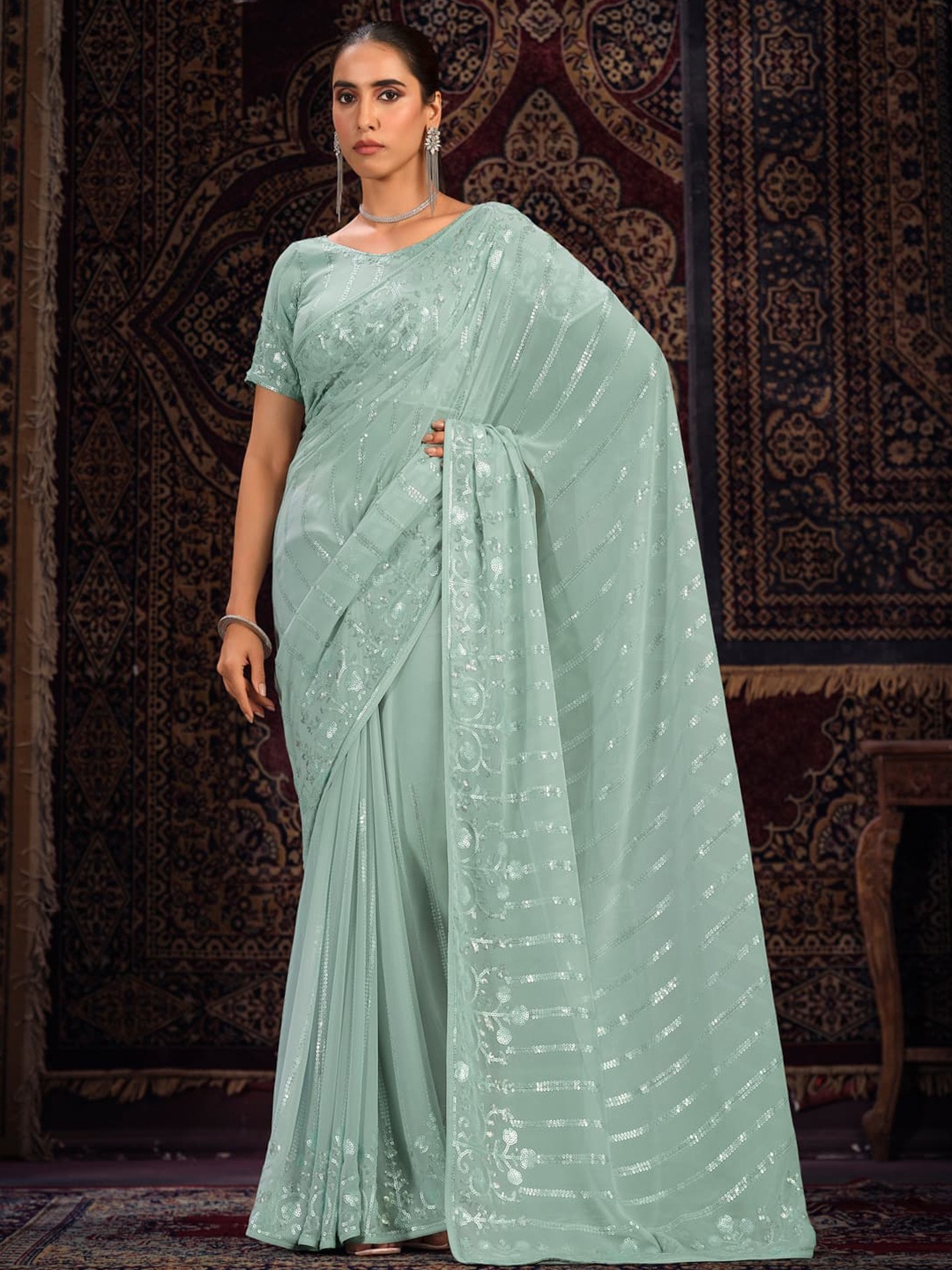 

Fusionic Striped Sequinned Pure Georgette Saree, Sea green