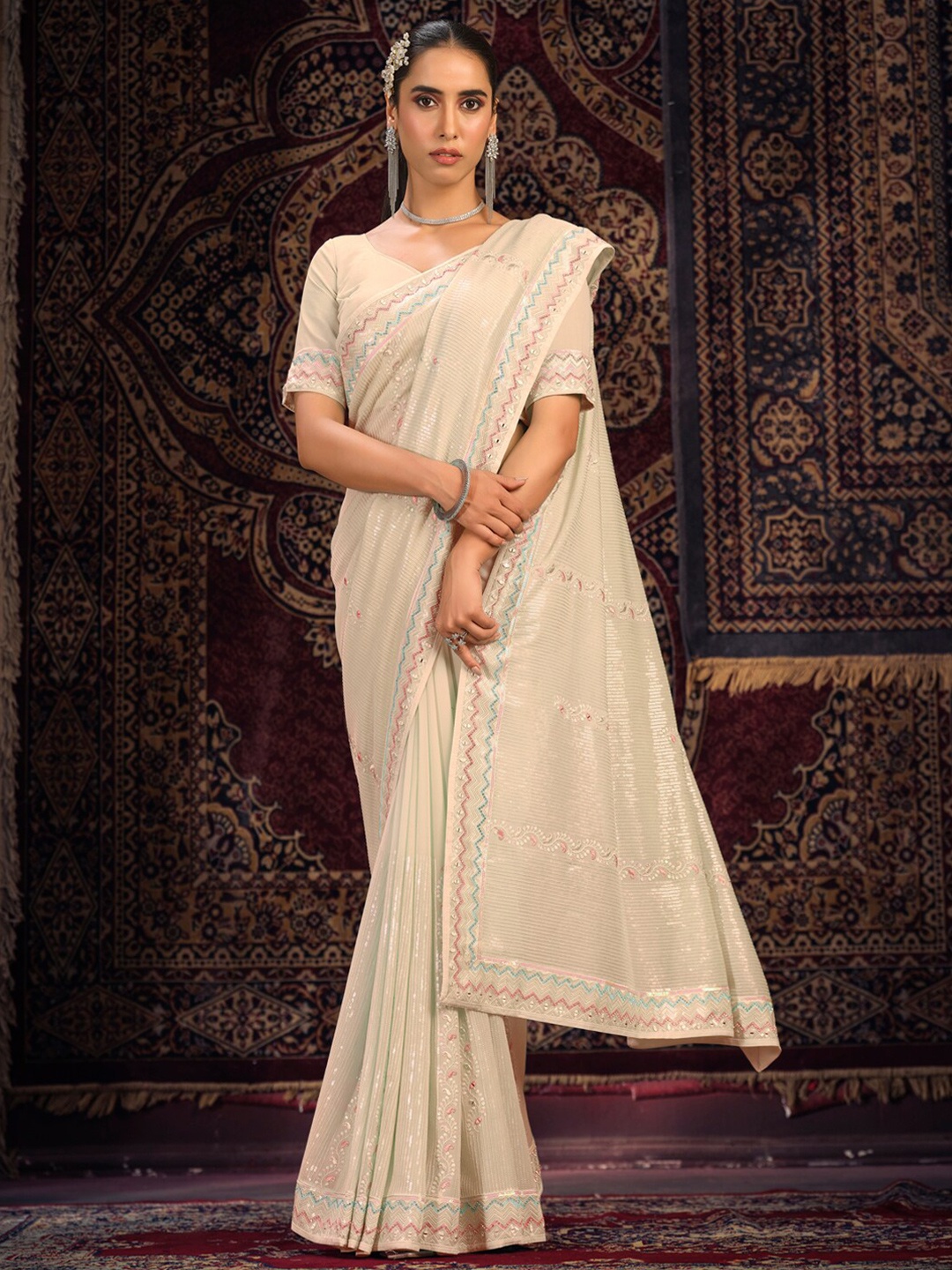 

Fusionic Striped Sequinned Pure Georgette Saree, Off white