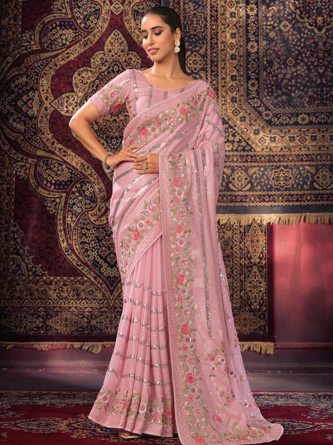 

Fusionic Striped Sequinned Pure Georgette Saree, Pink