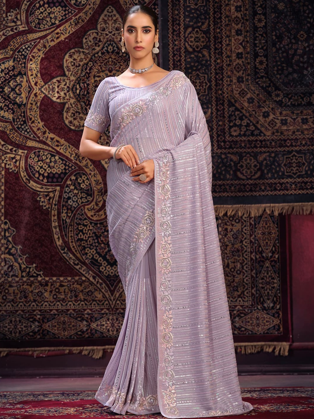 

Fusionic Striped Sequinned Embroidered Pure Georgette Saree, Lavender