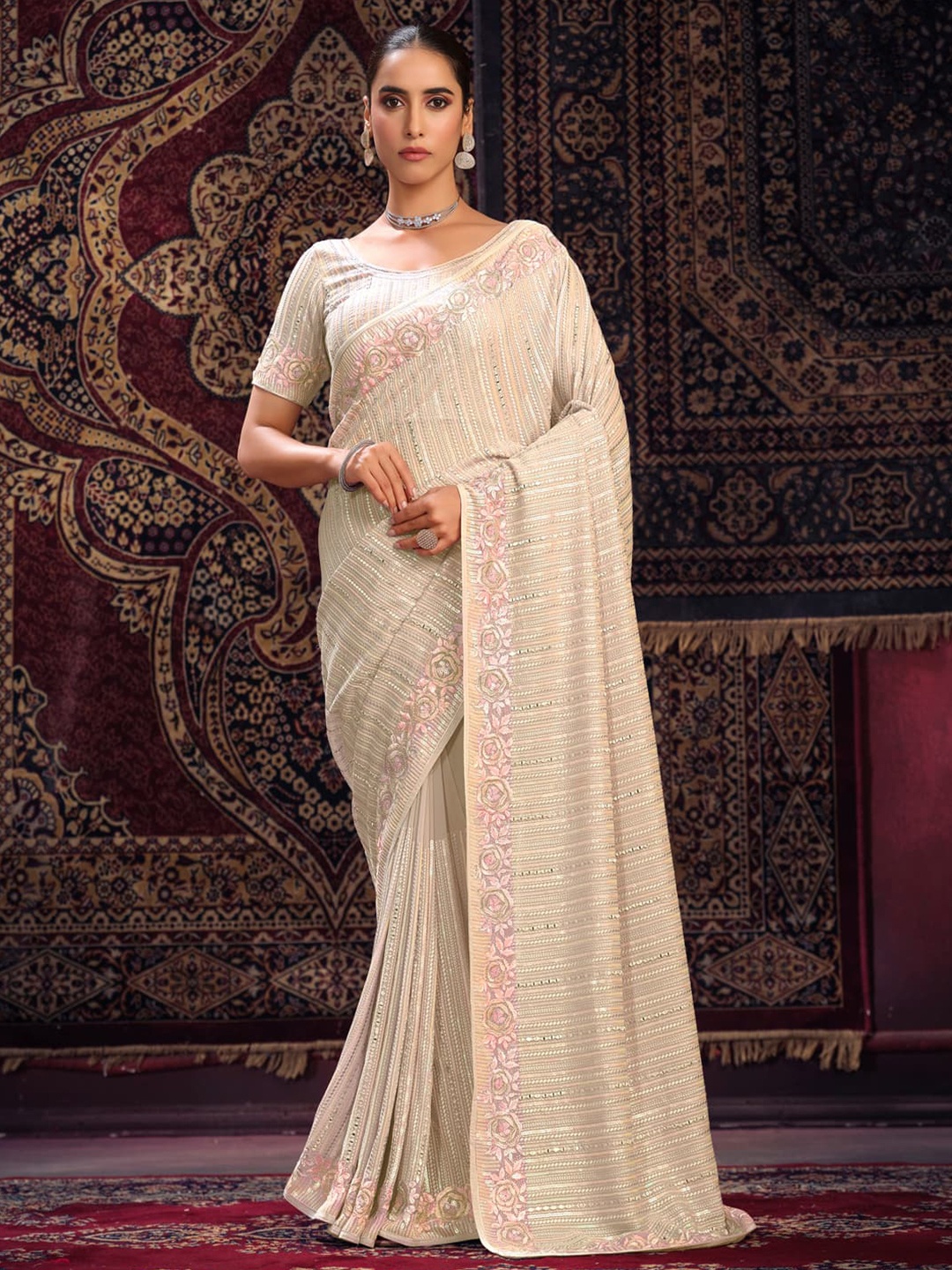 

Fusionic Striped Sequinned Embroidered Pure Georgette Saree, Off white