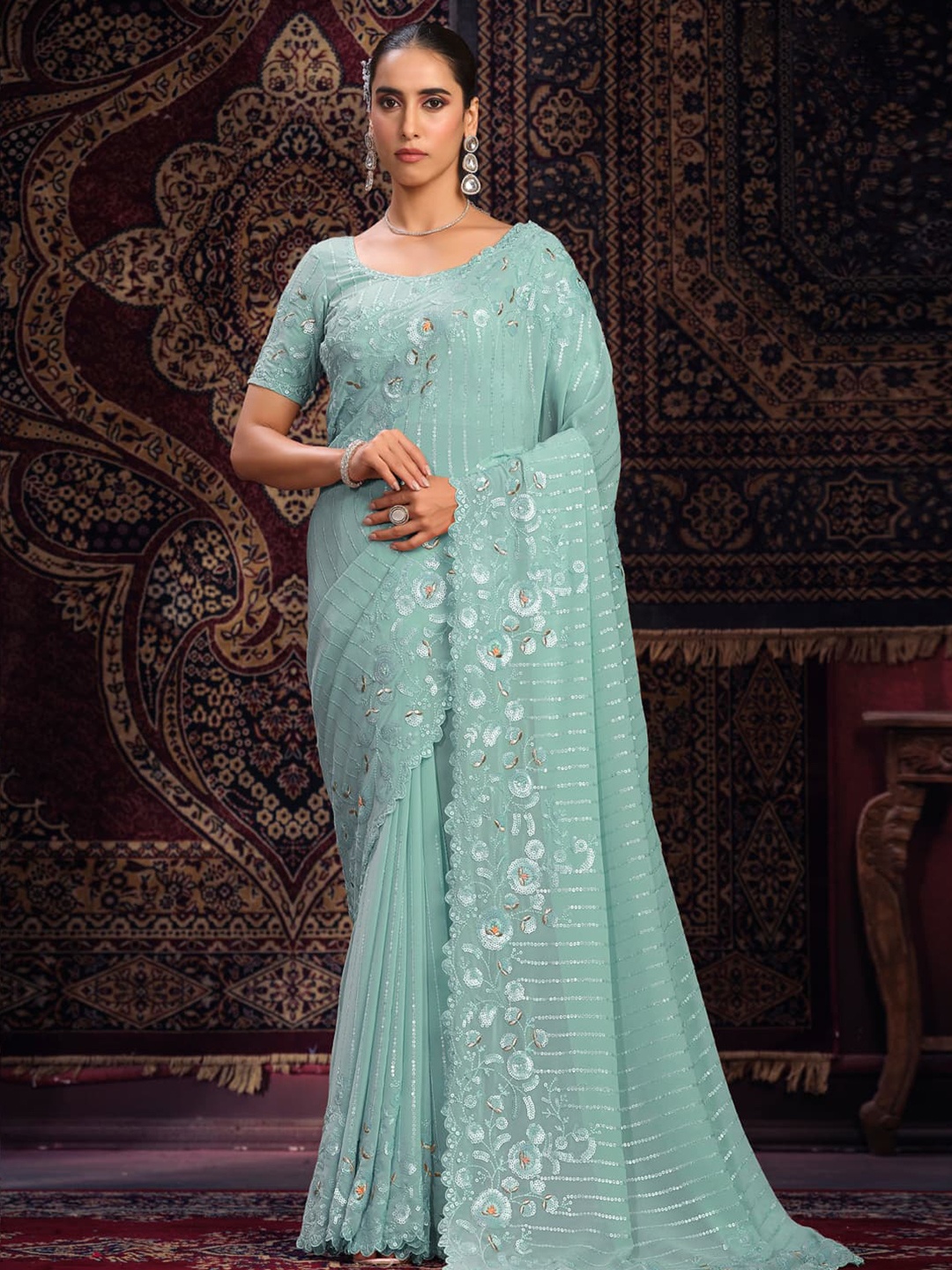 

Fusionic Striped Sequinned Pure Georgette Saree, Turquoise blue