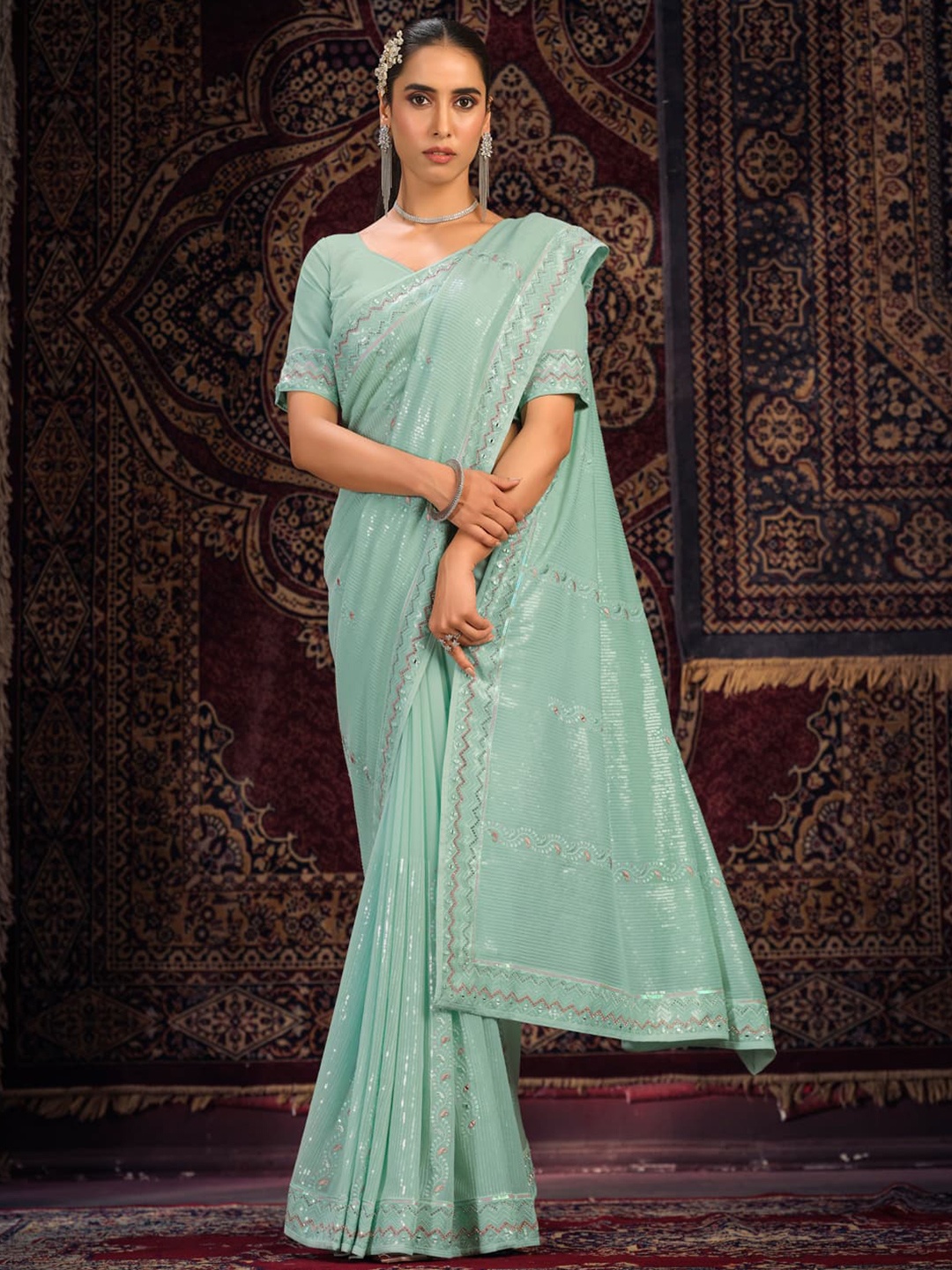 

Fusionic Striped Sequinned Pure Georgette Saree, Turquoise blue