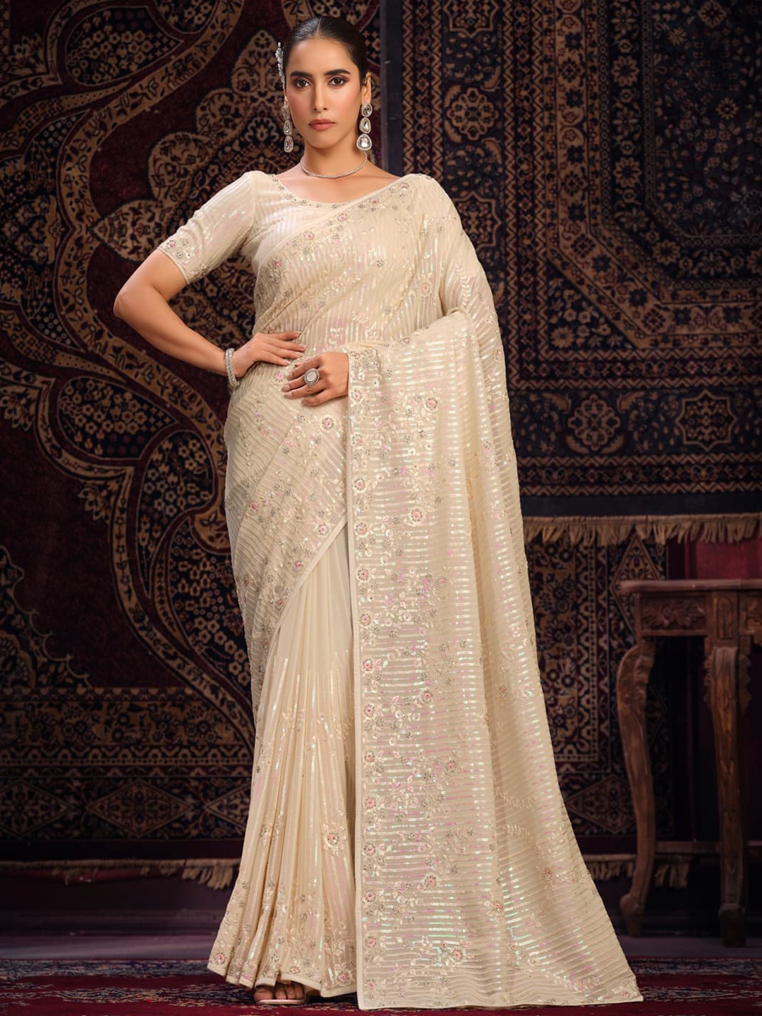 

Fusionic Striped Sequinned Pure Georgette Designer Saree, Off white
