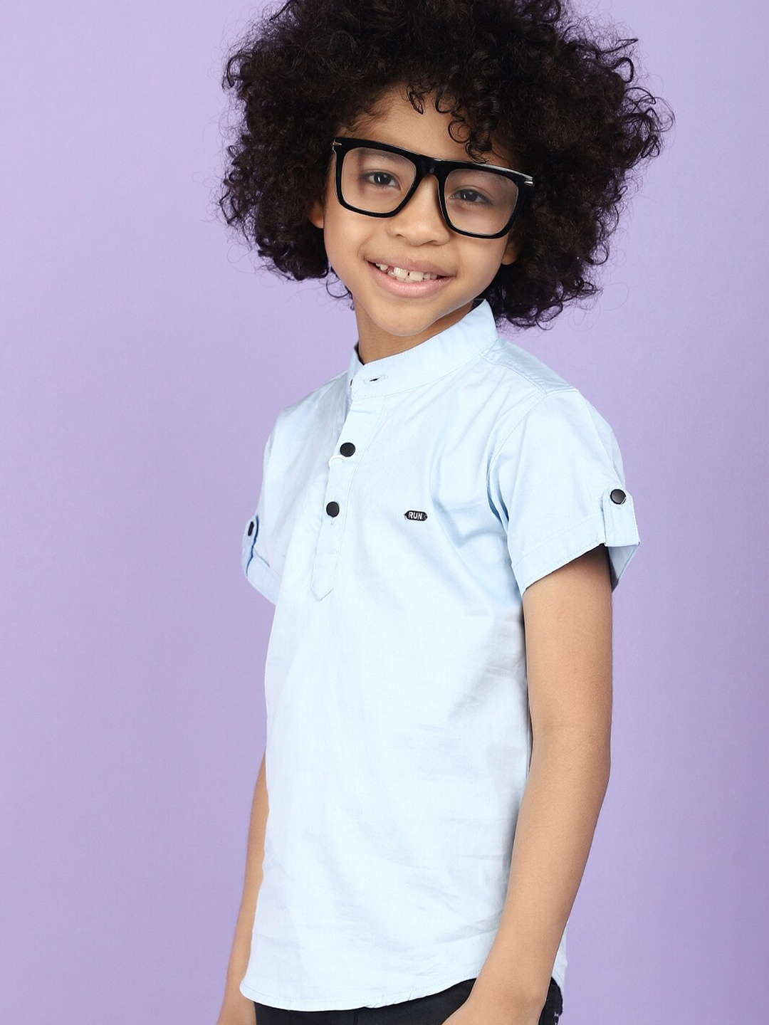 

V-Mart Boys Mandarin Collar Twill Cotton Roll-Up Sleeves Casual Shirt, Blue