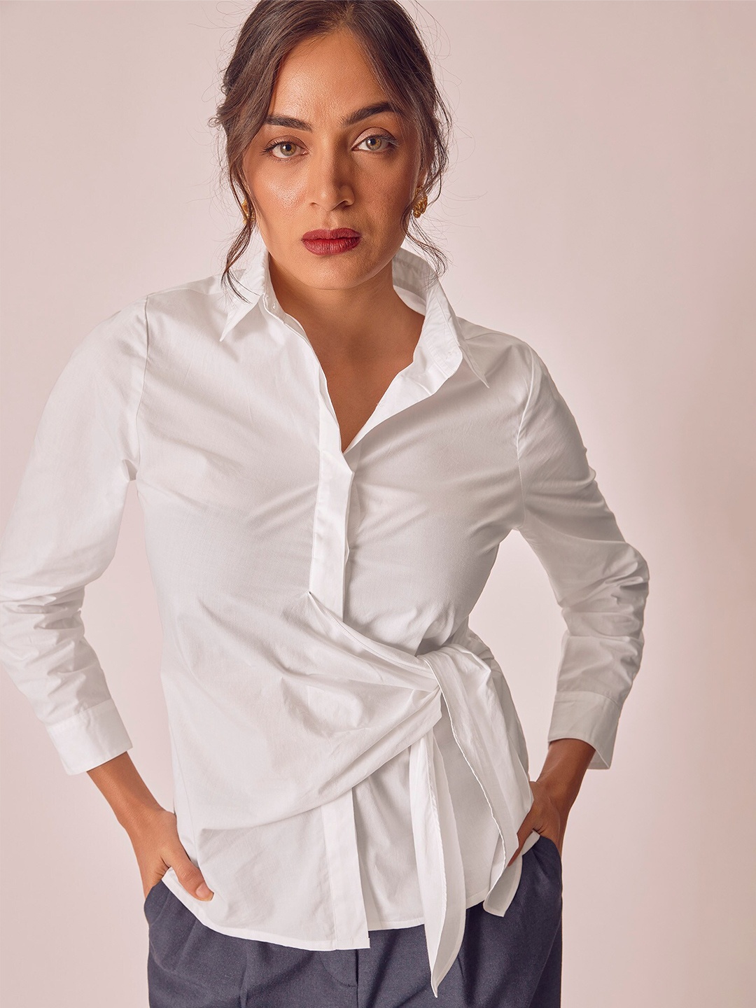 

The Label Life Spread Collar Long Sleeves Cotton Casual Shirt, White