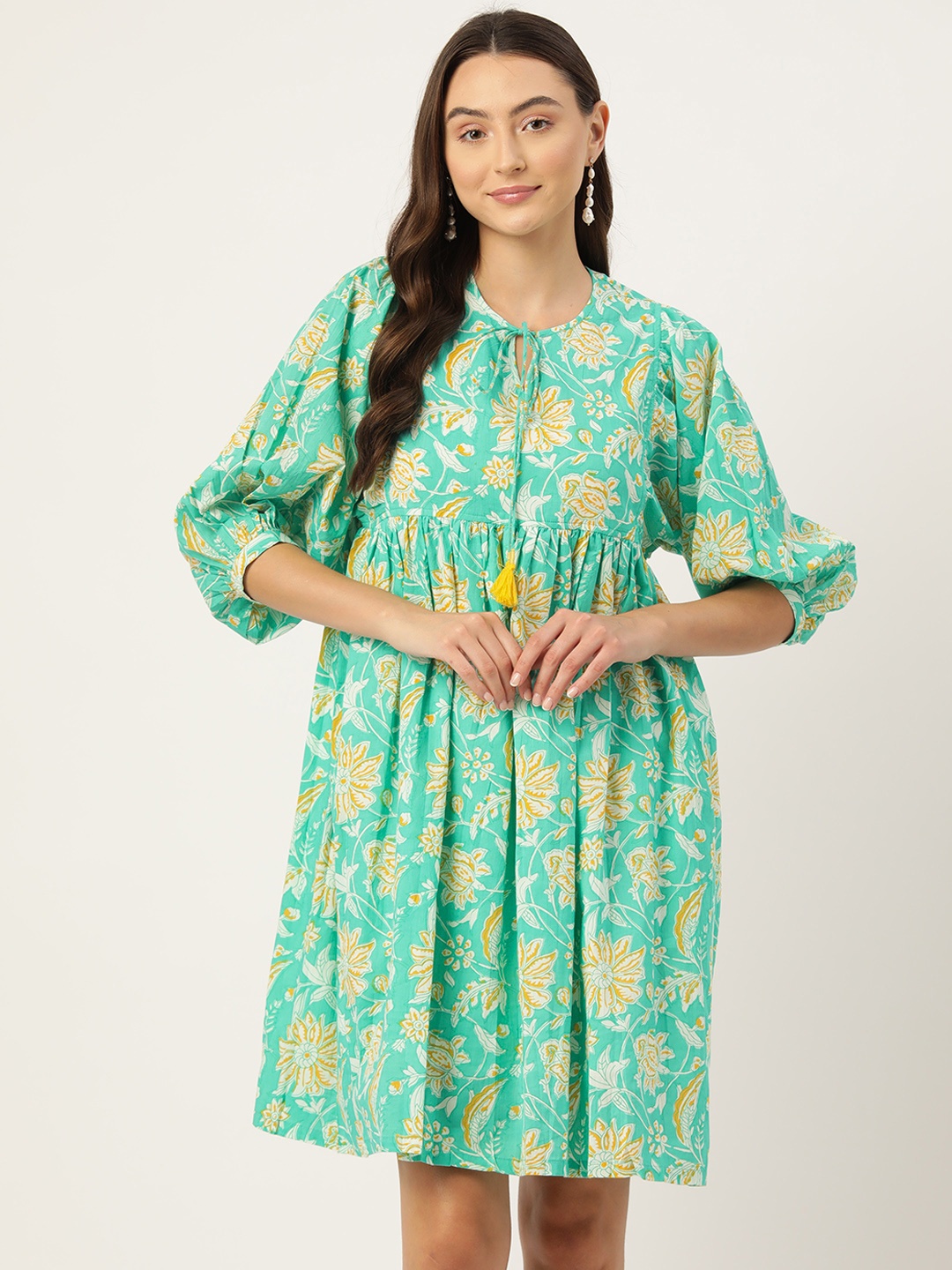 

Jaipur Morni Floral Print Tie-Up Neck Puff Sleeves Pure Cotton A-Line Dress, Turquoise blue