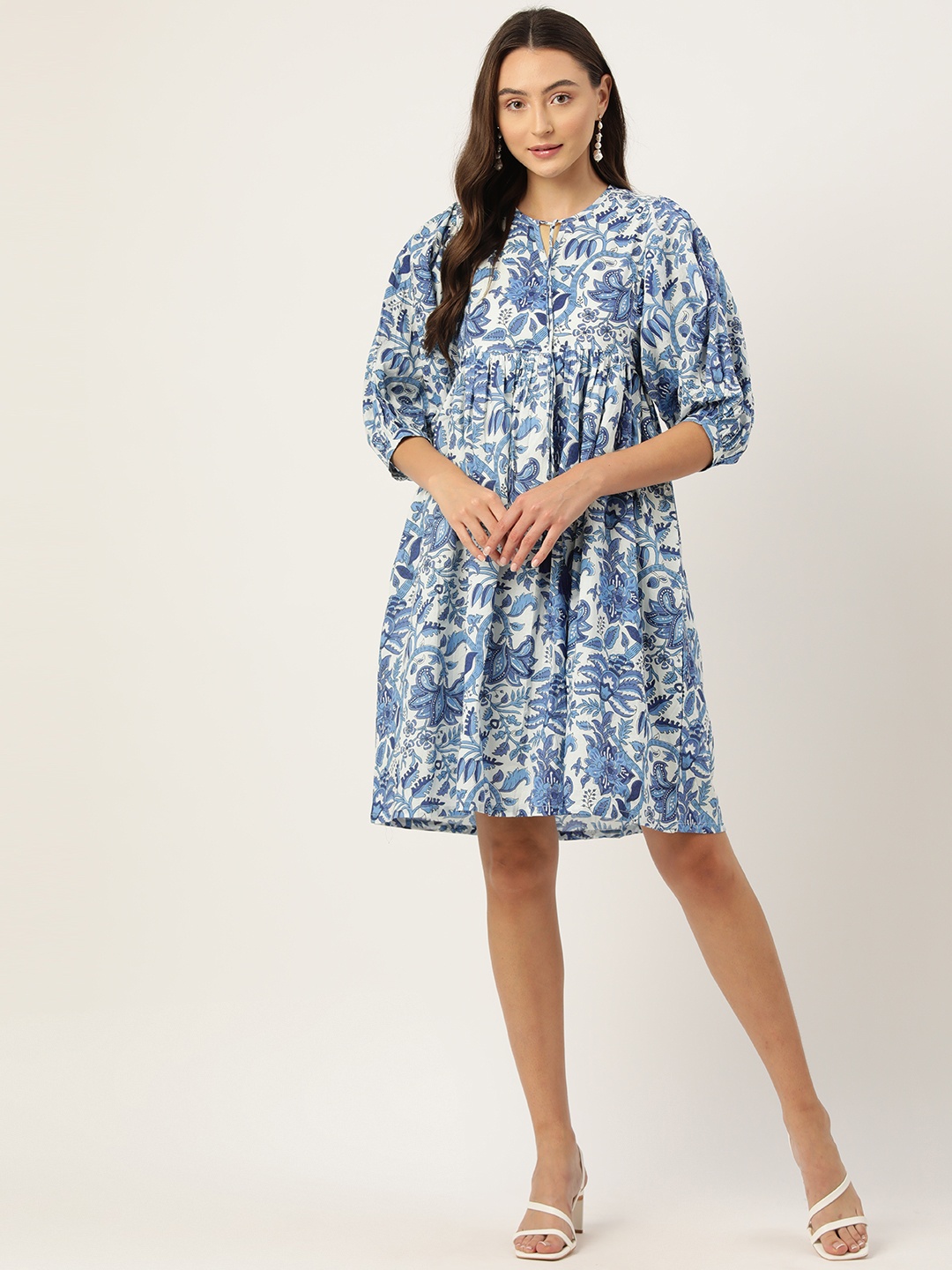 

Jaipur Morni Floral Print Tie-Up Neck Puff Sleeves Pure Cotton A-Line Dress, White