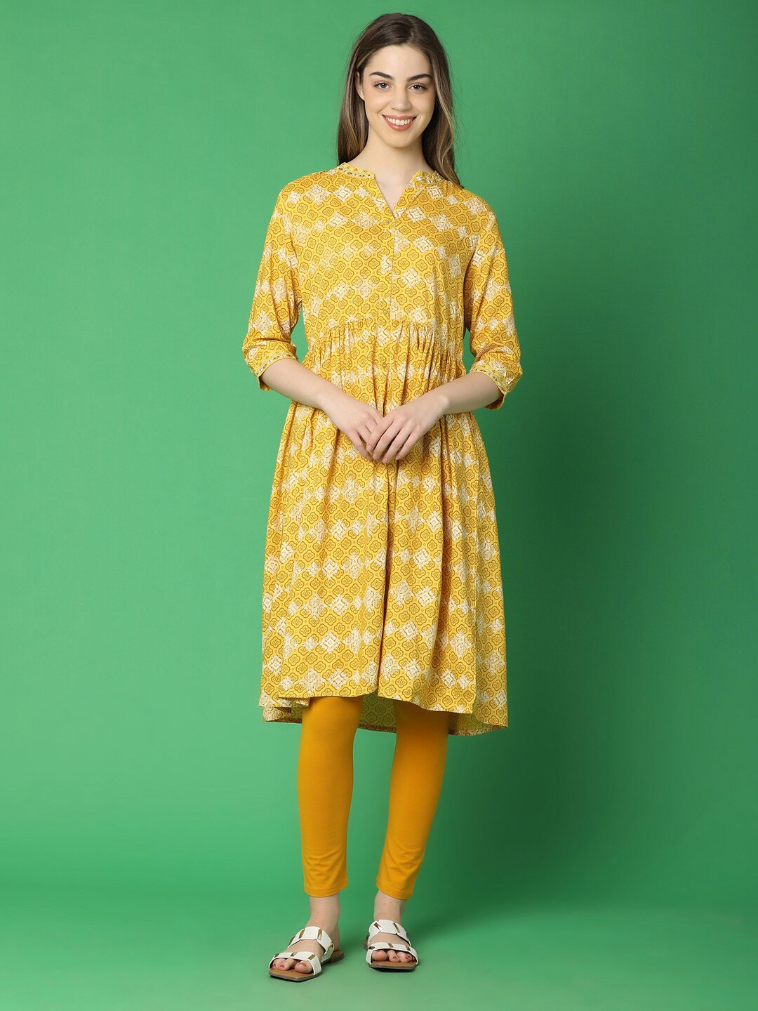 

V-Mart Ethnic Motifs Printed Mandarin Collar A-line Kurta, Yellow