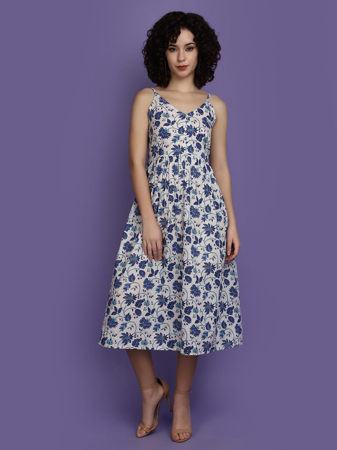 

V-Mart Floral Print Fit & Flare Midi Cotton Dress, Blue