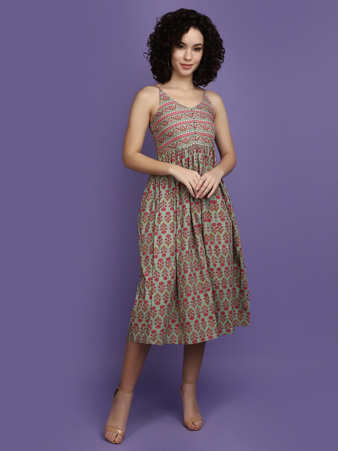 

V-Mart Floral Print Fit & Flare Cotton Dress, Green