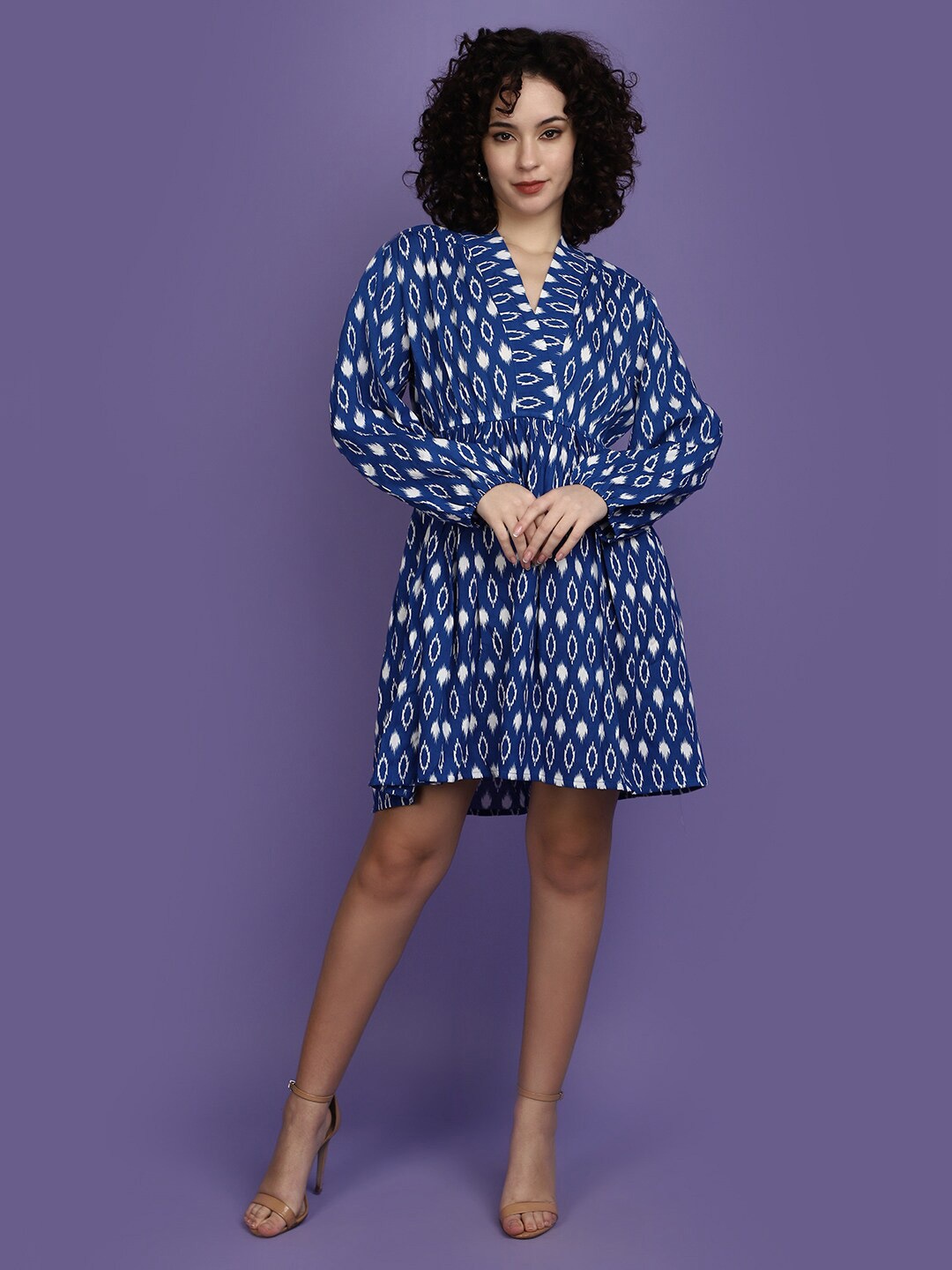 

V-Mart Ethnic Motifs Printed Cuffed Sleeves V-Neck A-Line Dress, Blue