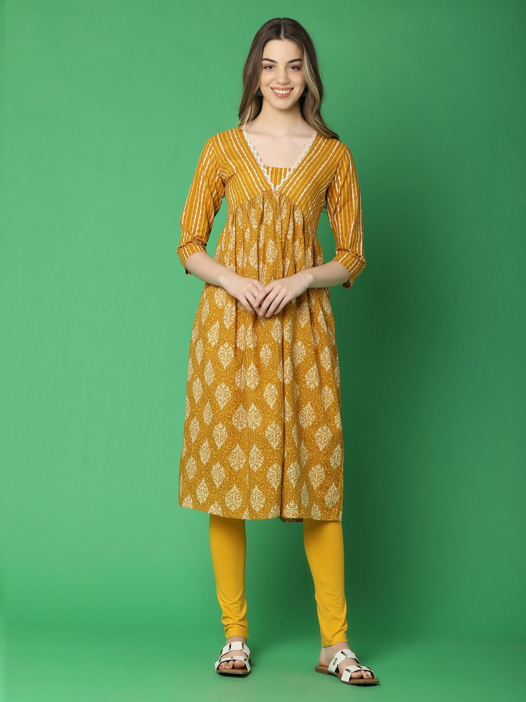 

V-Mart Women Ethnic Motifs Printed A-line Kurta, Gold