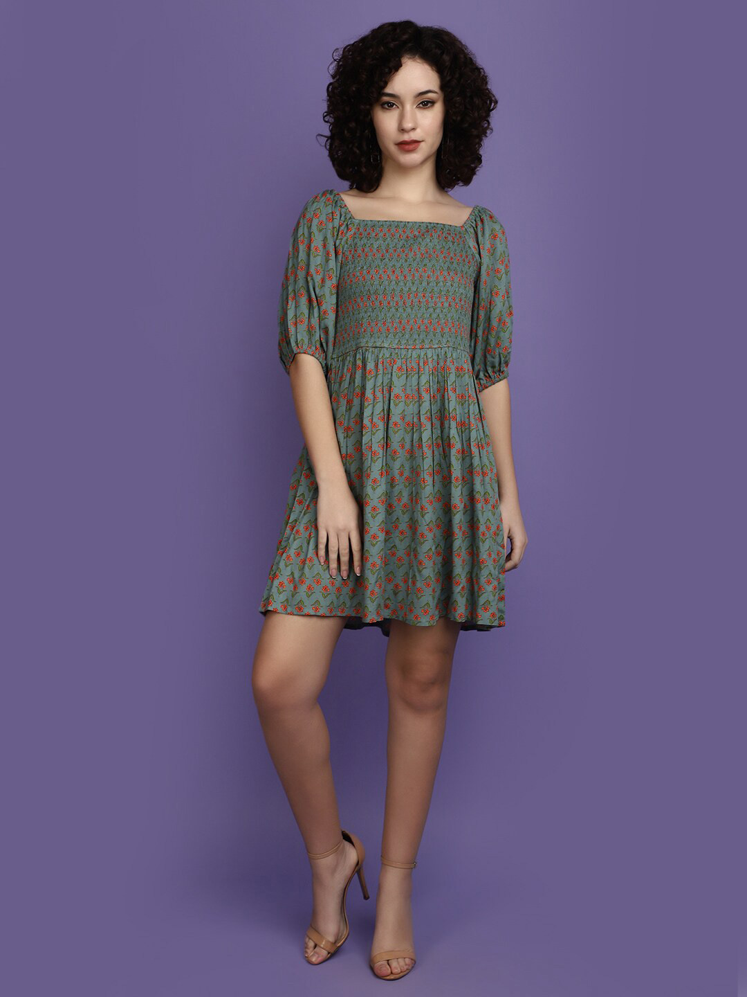 

V-Mart Floral Printed Smocked Fit & Flare Mini Dress, Green