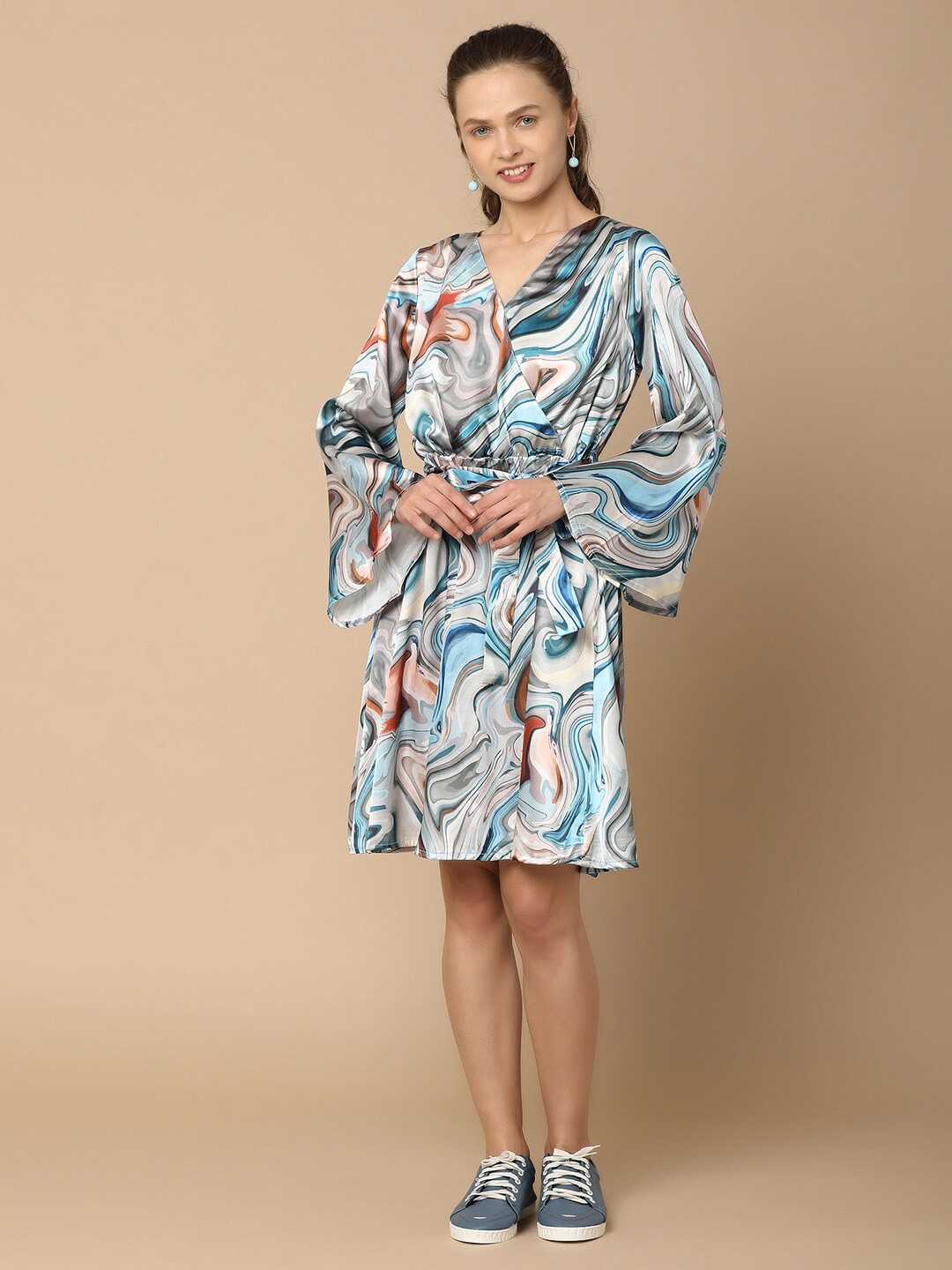 

V-Mart Abstract Print Flared Sleeve Wrap Dress, Blue