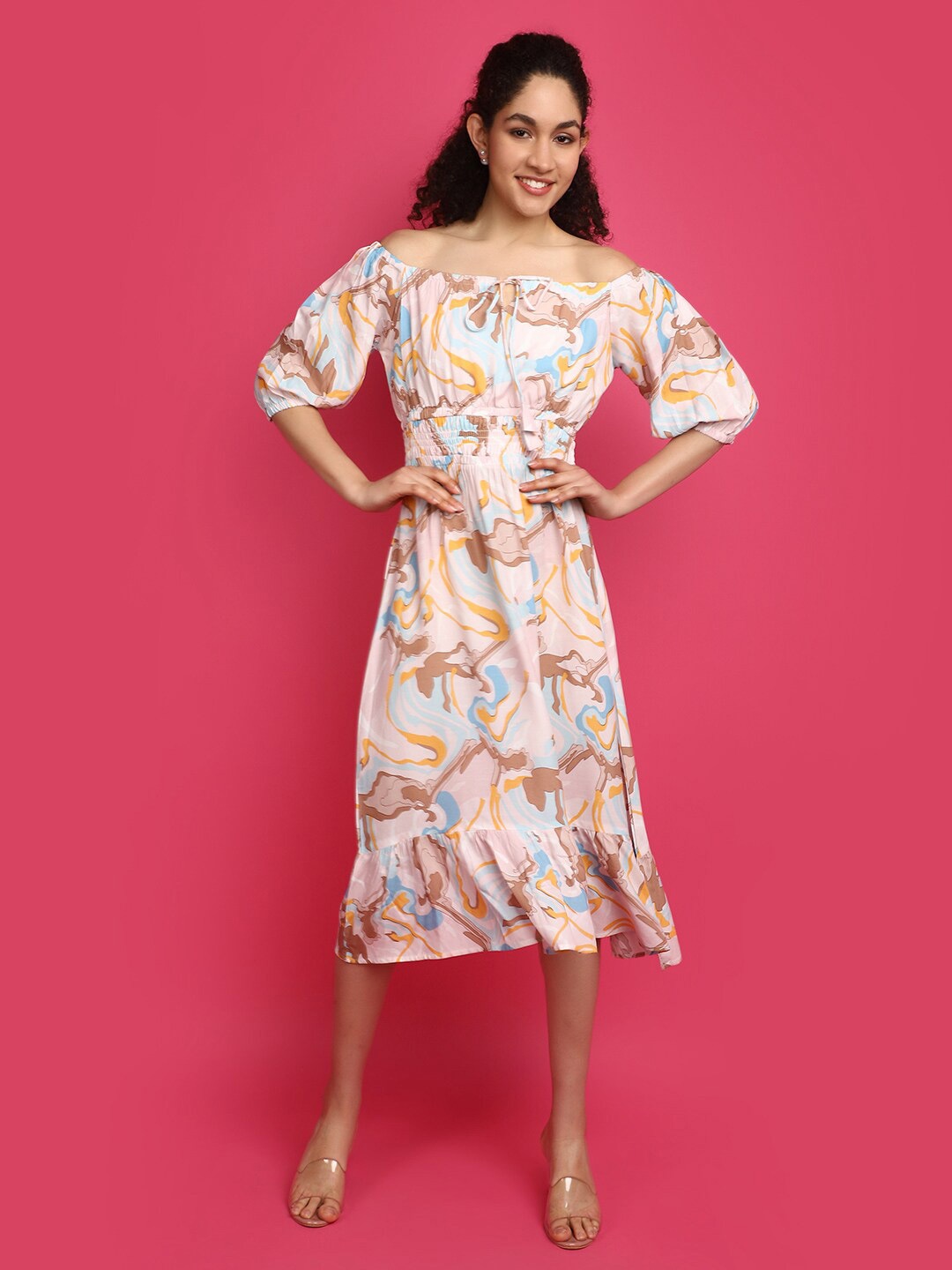 

V-Mart Abstract Print Off-Shoulder Puff Sleeve Fit & Flare Midi Dress, Pink