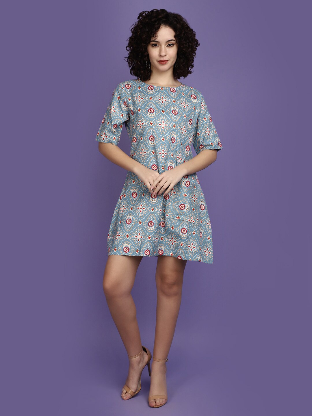 

V-Mart Floral Print Cotton A-Line Dress, Blue