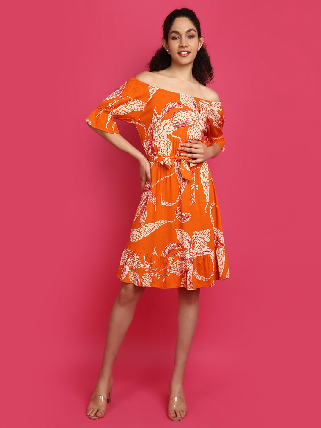 

V-Mart Floral Print Off-Shoulder A-Line Midi Dress, Orange