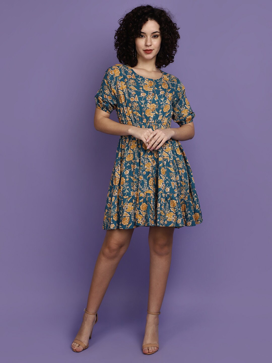 

V-Mart Floral Print Fit & Flare Dress, Teal