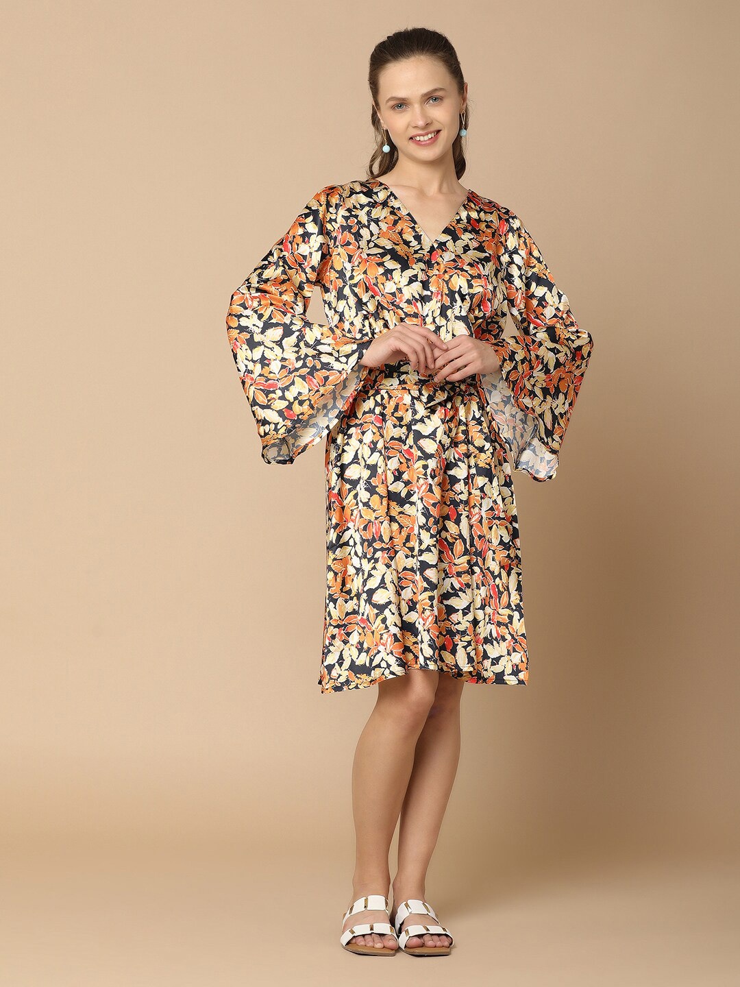 

V-Mart Floral Print Flared Sleeve Wrap Dress, Black