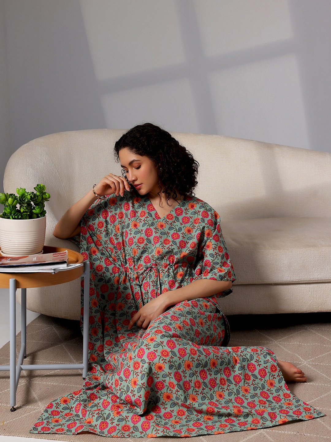 

Libas Printed Pure Cotton Kaftan Maxi Nightdress, Green