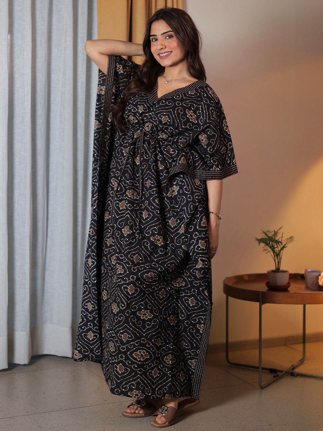 

Libas Printed Pure Cotton Kaftan Maxi Nightdress, Black
