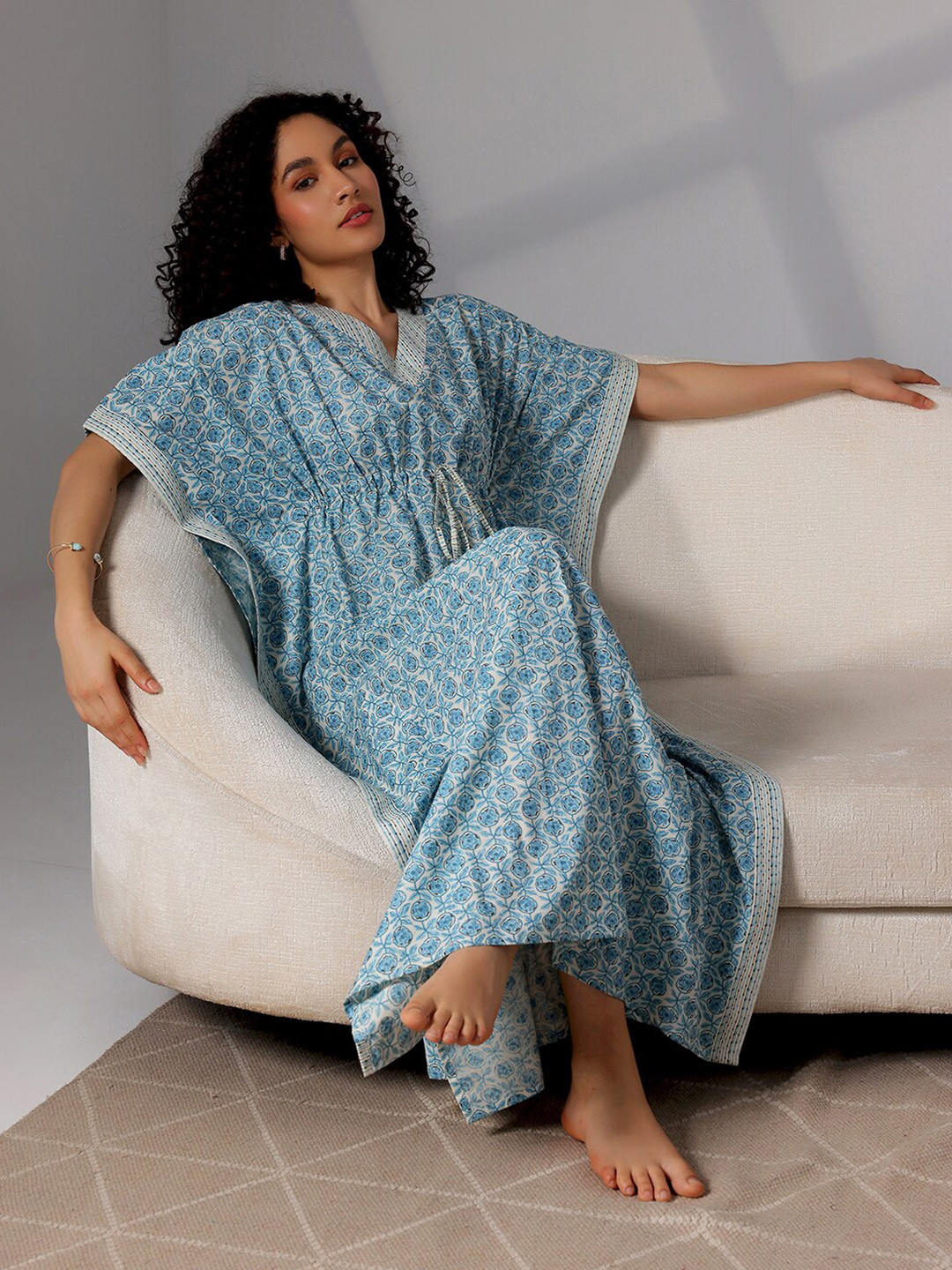 

Libas Printed Pure Cotton Kaftan Maxi Nightdress, Blue