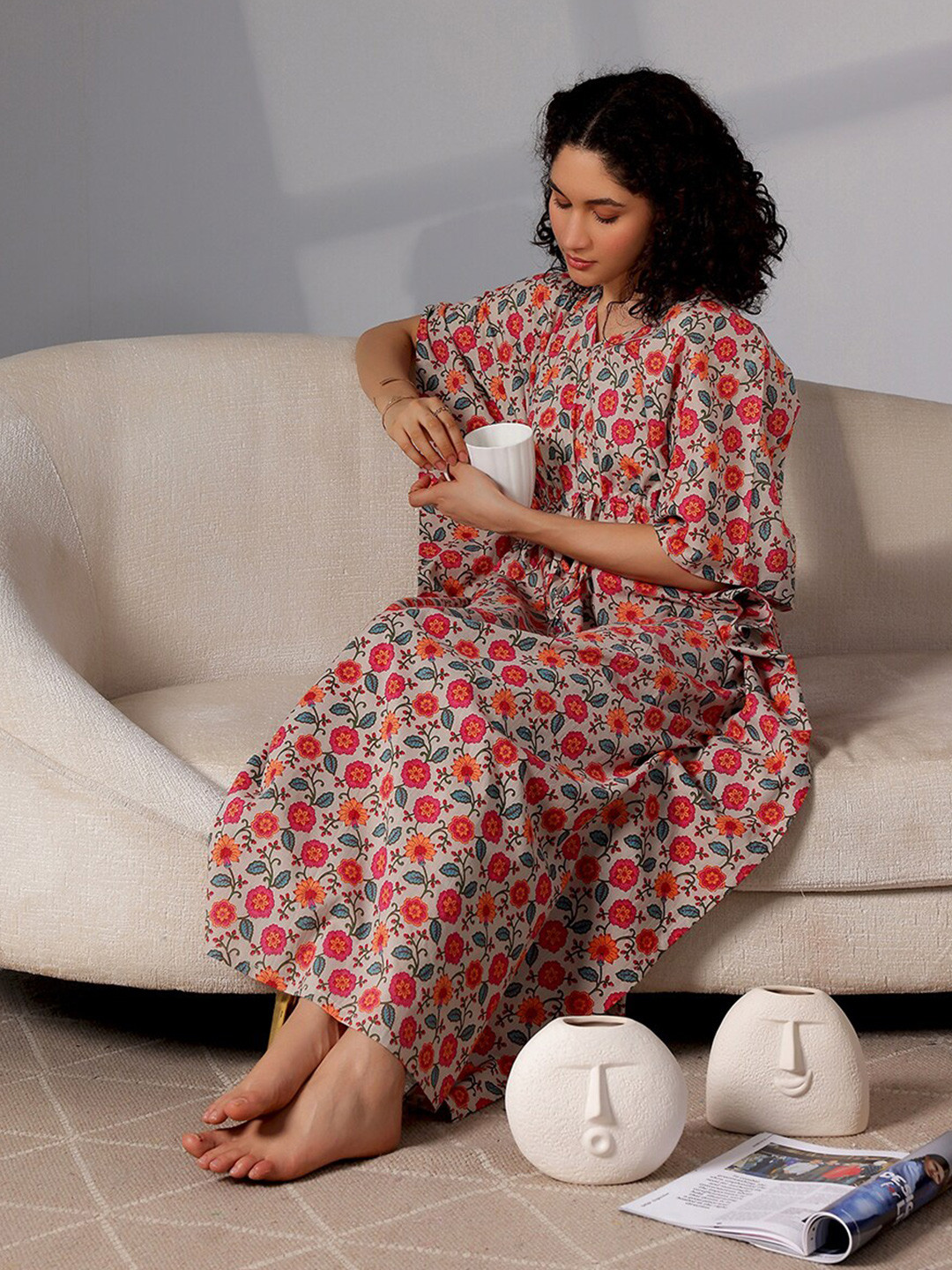 

Libas Printed Pure Cotton Kaftan Maxi Nightdress, Beige