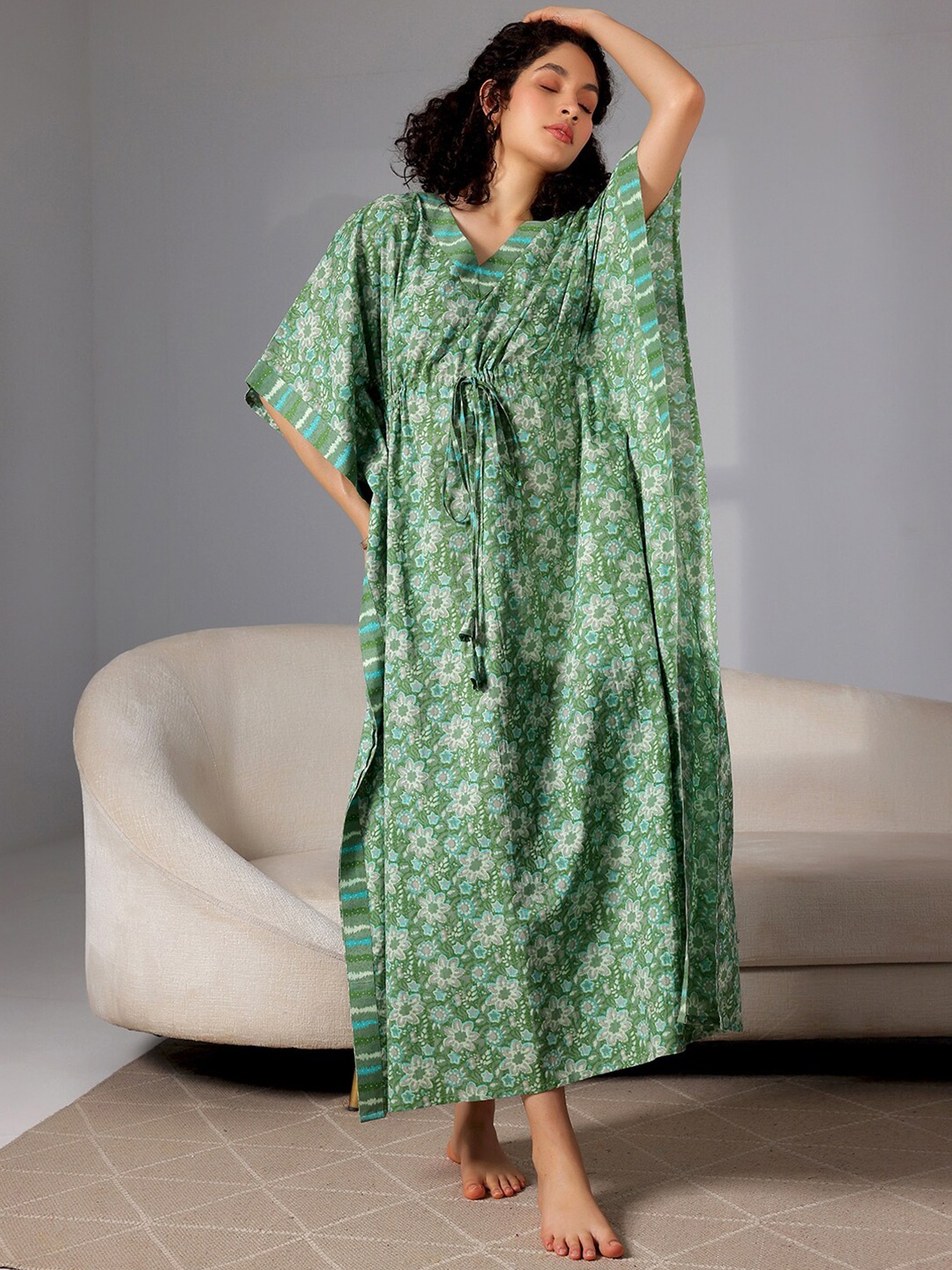 

Libas Floral Printed Kimono Sleeves Tie Up Pure Cotton Maxi Kaftan Nightdress, Green