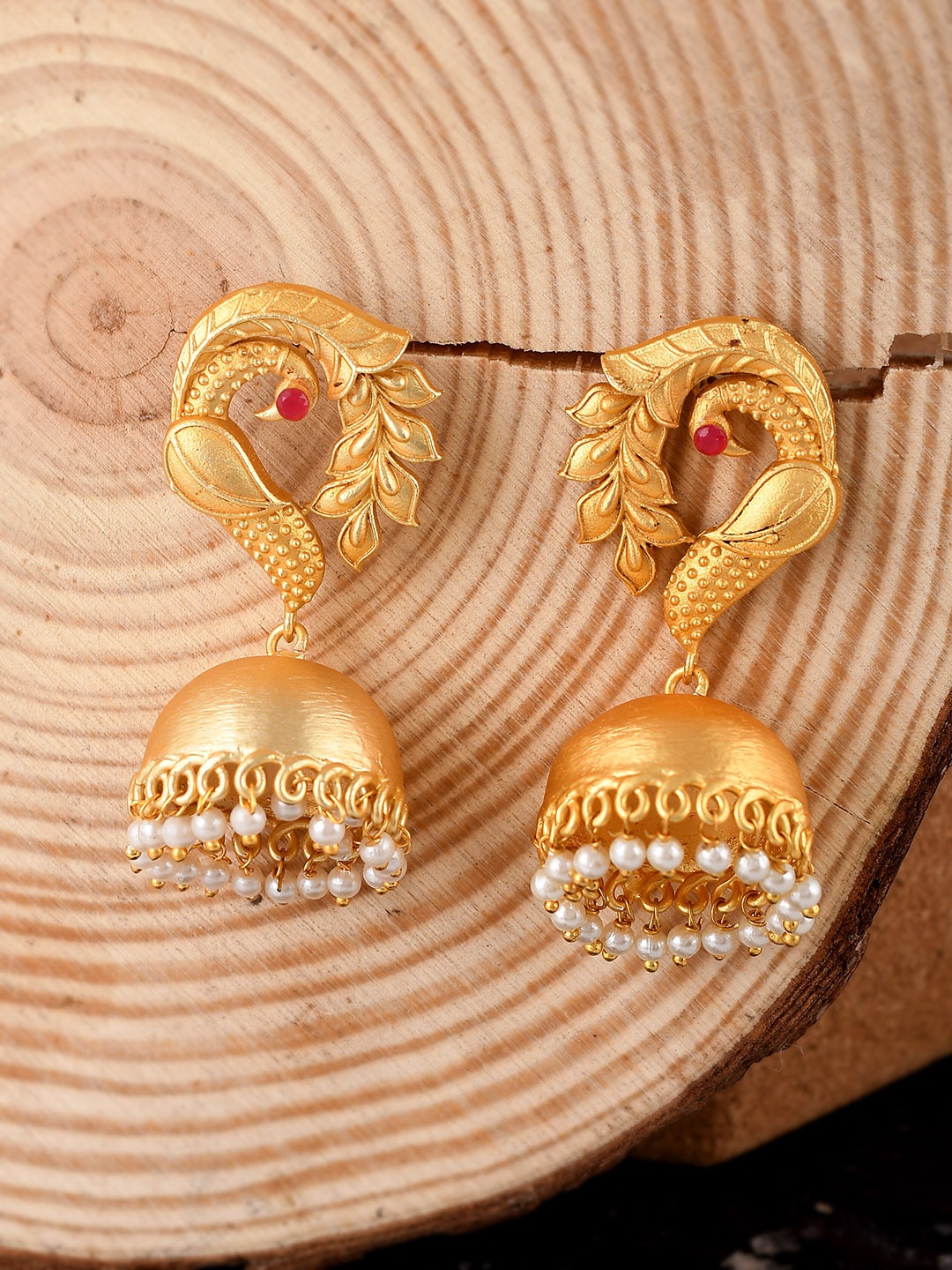 

Silvermerc Designs Gold-Plated Beads Beaded Peacock Shaped Jhumkas