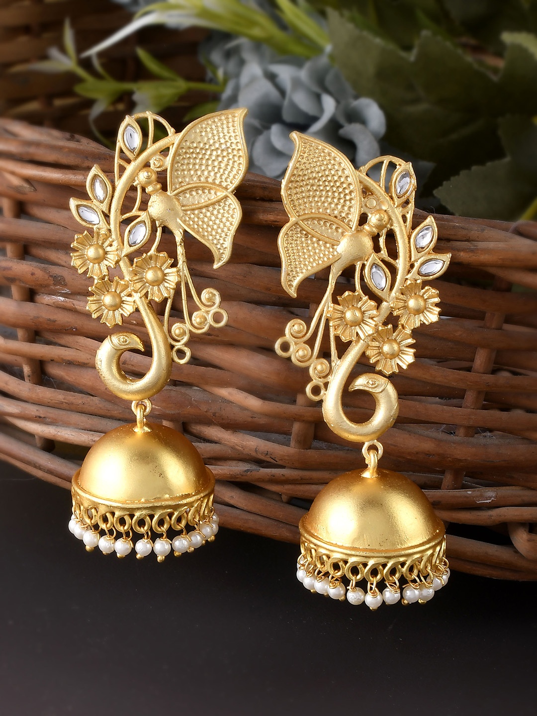 

Silvermerc Designs Gold-Plated Kundan Studded Peacock Circular Jhumkas