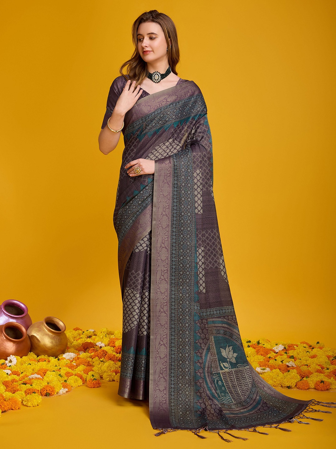 Mitera Geometric Printed Pure Silk Banarasi Zari Saree, Brown