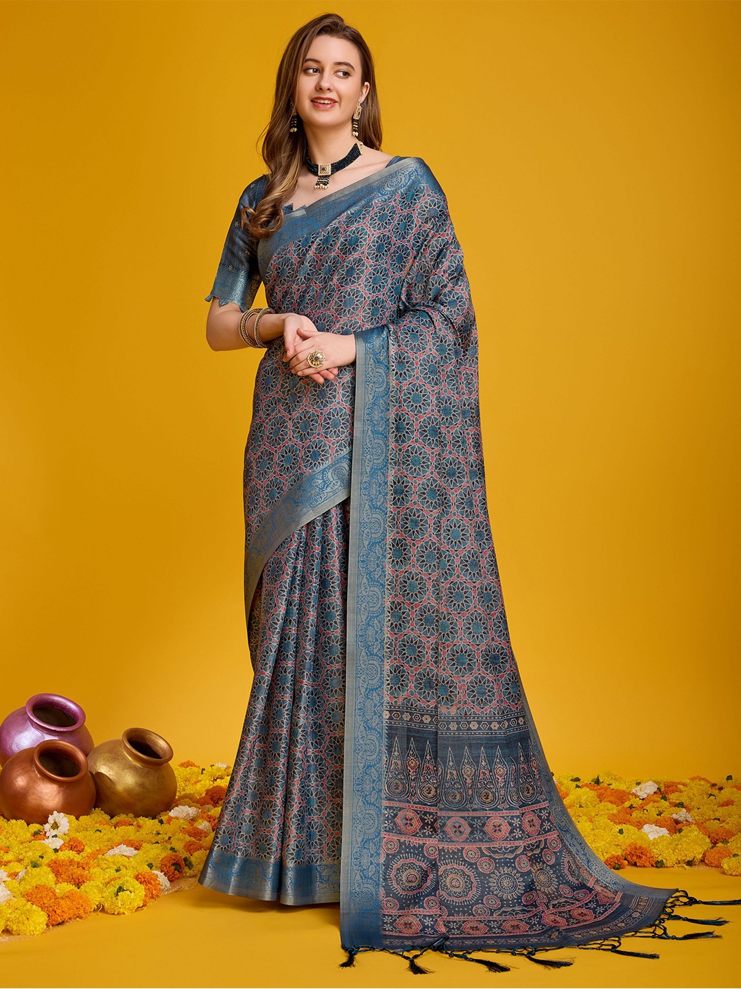 Mitera Ethnic Motifs Printed Zari Pure Silk Banarasi Saree, Teal